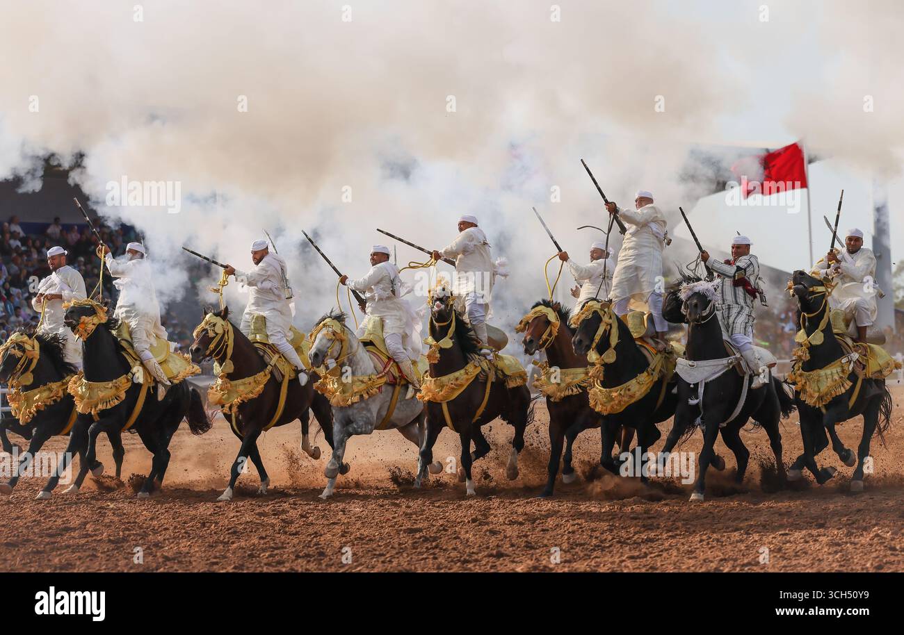 Une histoire de courage, d'unité et d'héritage capturée dans un seul cadre. Cavaliers en costumes marocains colorés galopant sur des chevaux arabes dans un spectacle Fantasia Banque D'Images