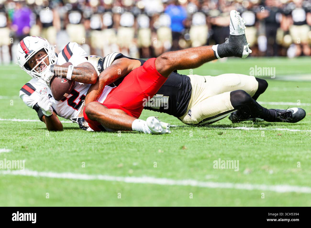 30 août 2025 : le receveur de Ball State Wide Ty Robinson (2) attrape le ballon alors que l'arrière défensif de Purdue Hudauri Hines (4) défend lors d'un match de football NCAA entre les Cardinals de Ball State et les Boilermakers de Purdue au stade Ross-Ade à West Lafayette, Indiana. John Mersits/CSM Banque D'Images