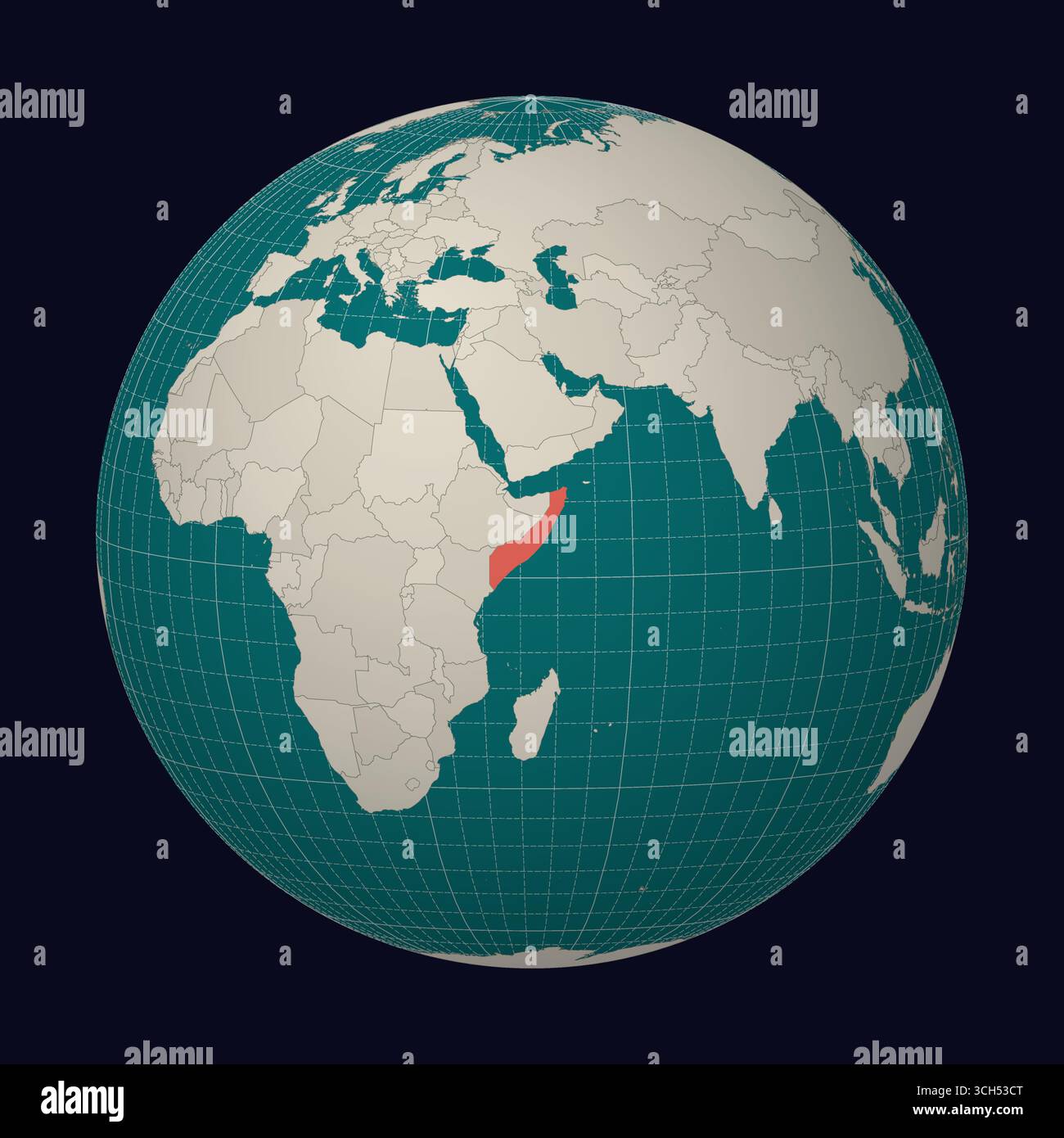 Somalie sur la carte Globe centré sur la Somalie. Emplacement du pays sur la carte du monde. Palette de couleurs sarcelle menthe pâle. Illustration de Vecteur
