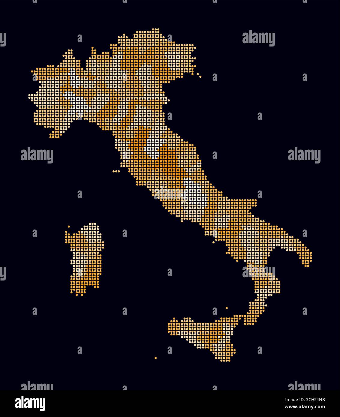 Carte en pointillés de l'Italie. Carte de style numérique du pays sur fond sombre. Forme Italie avec des points circulaires. Style de points colorés. Cercles de petite taille. Illustration de Vecteur