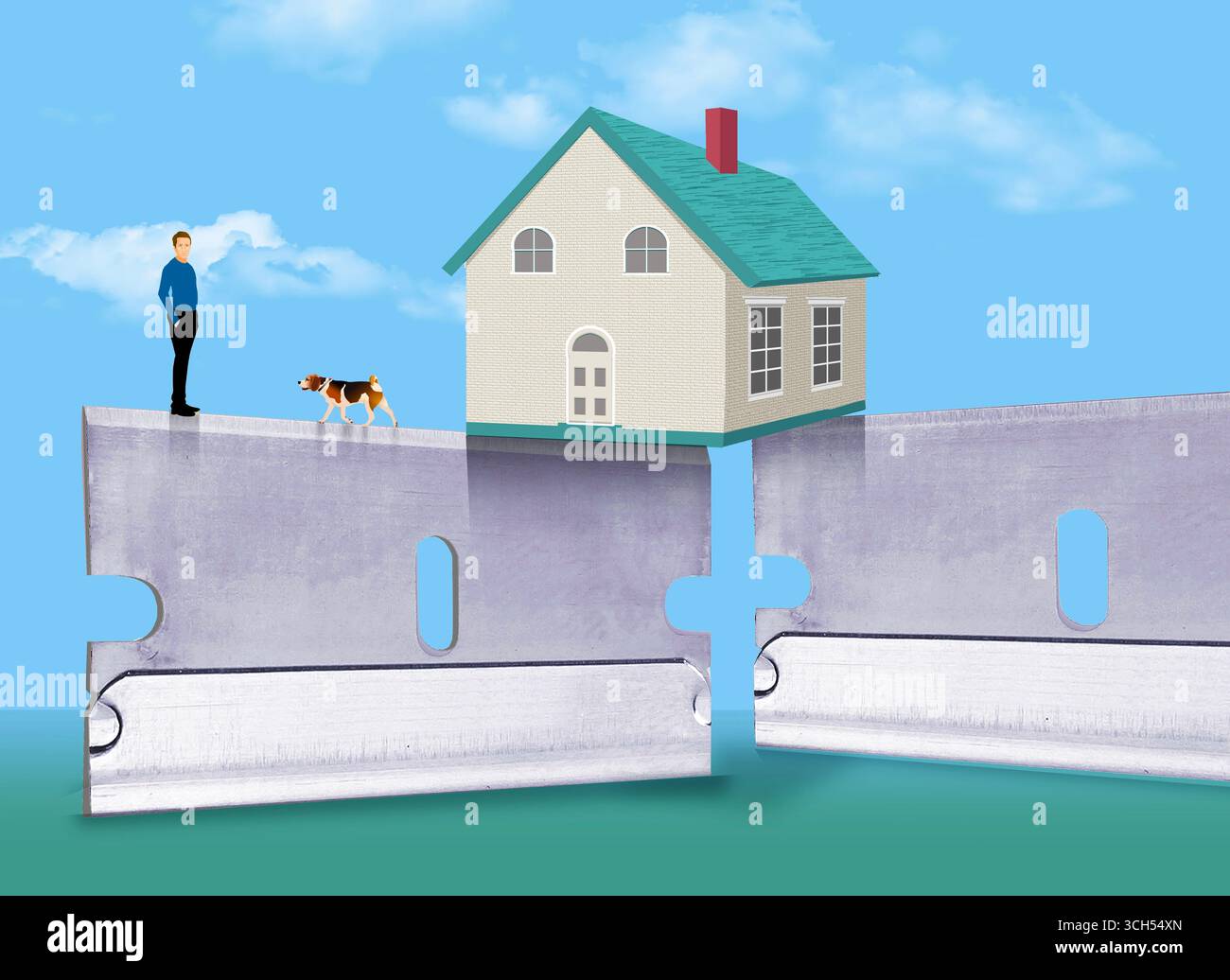 Vivre sur le bord est un mode de vie pour ce gars qui vit dans une maison sur le dessus des lames de rasoir. Il s'agit d'une illustration 3D. Banque D'Images