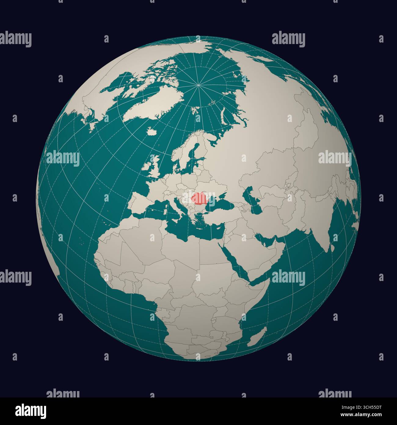 Roumanie sur la carte Globe centré sur la Roumanie. Emplacement du pays sur la carte du monde. Palette de couleurs sarcelle menthe pâle. Illustration de Vecteur