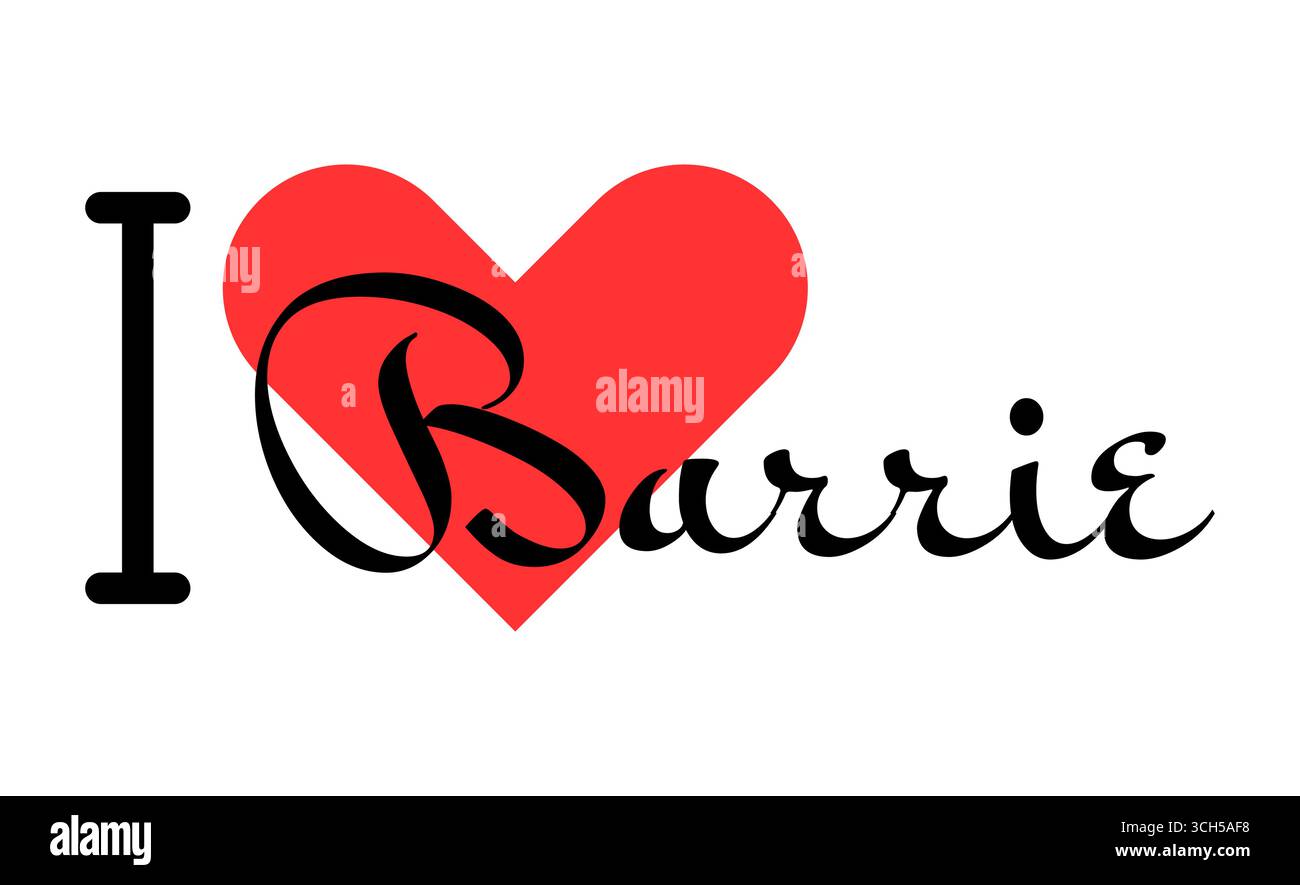 J'adore Barrie, ville du Canada. Lettres dessinées à la main avec cœur rouge. Lettrage d'illustration vectorielle, design moderne pour t-shirt d'impression, bannière, affiche, stic Illustration de Vecteur
