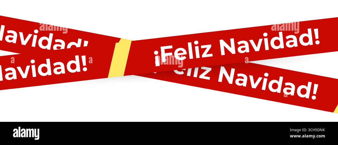 Feliz Navidad Tape Design en rouge avec lettres blanches audacieuses et accent jaune, stylisé comme ruban d'avertissement de vacances. Parfait pour l'emballage de Noël Illustration de Vecteur