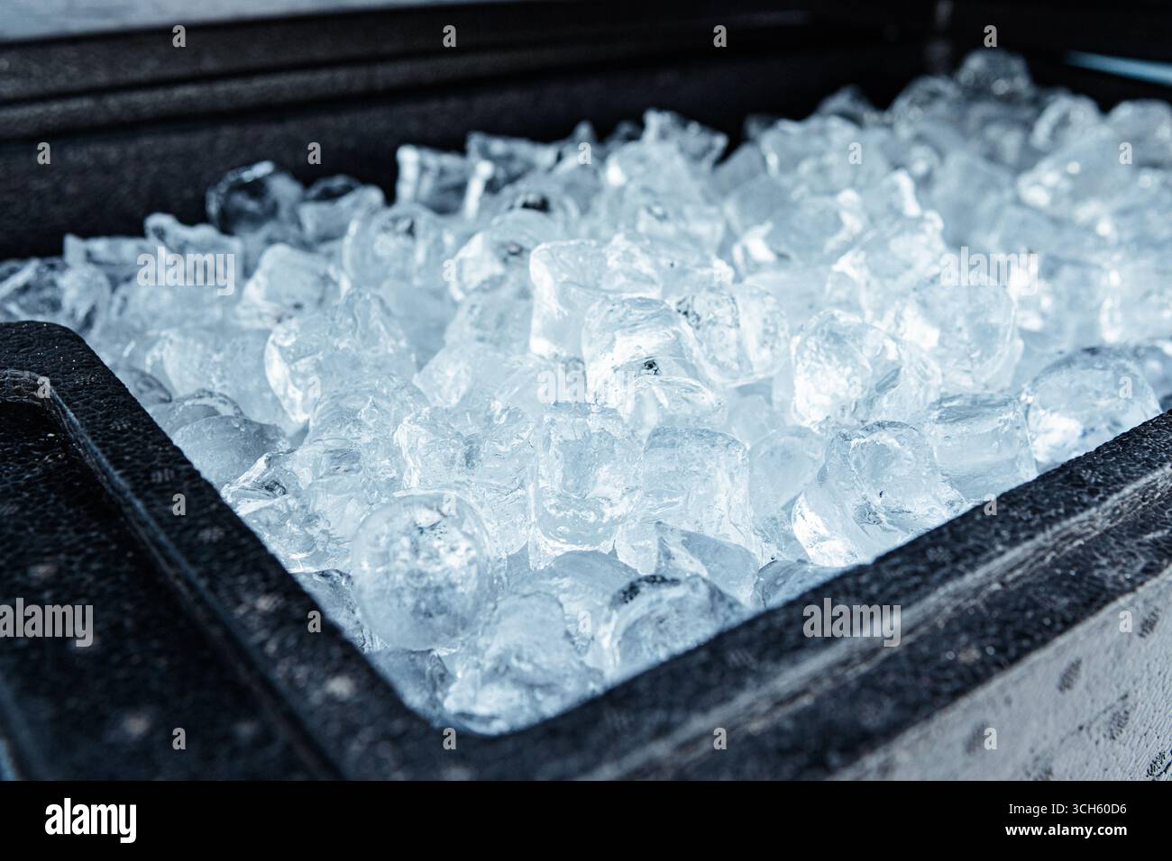 Une vue rapprochée d'un récipient rempli de glaçons transparents, mettant en valeur leur texture congelée et leur fraîcheur froide Banque D'Images