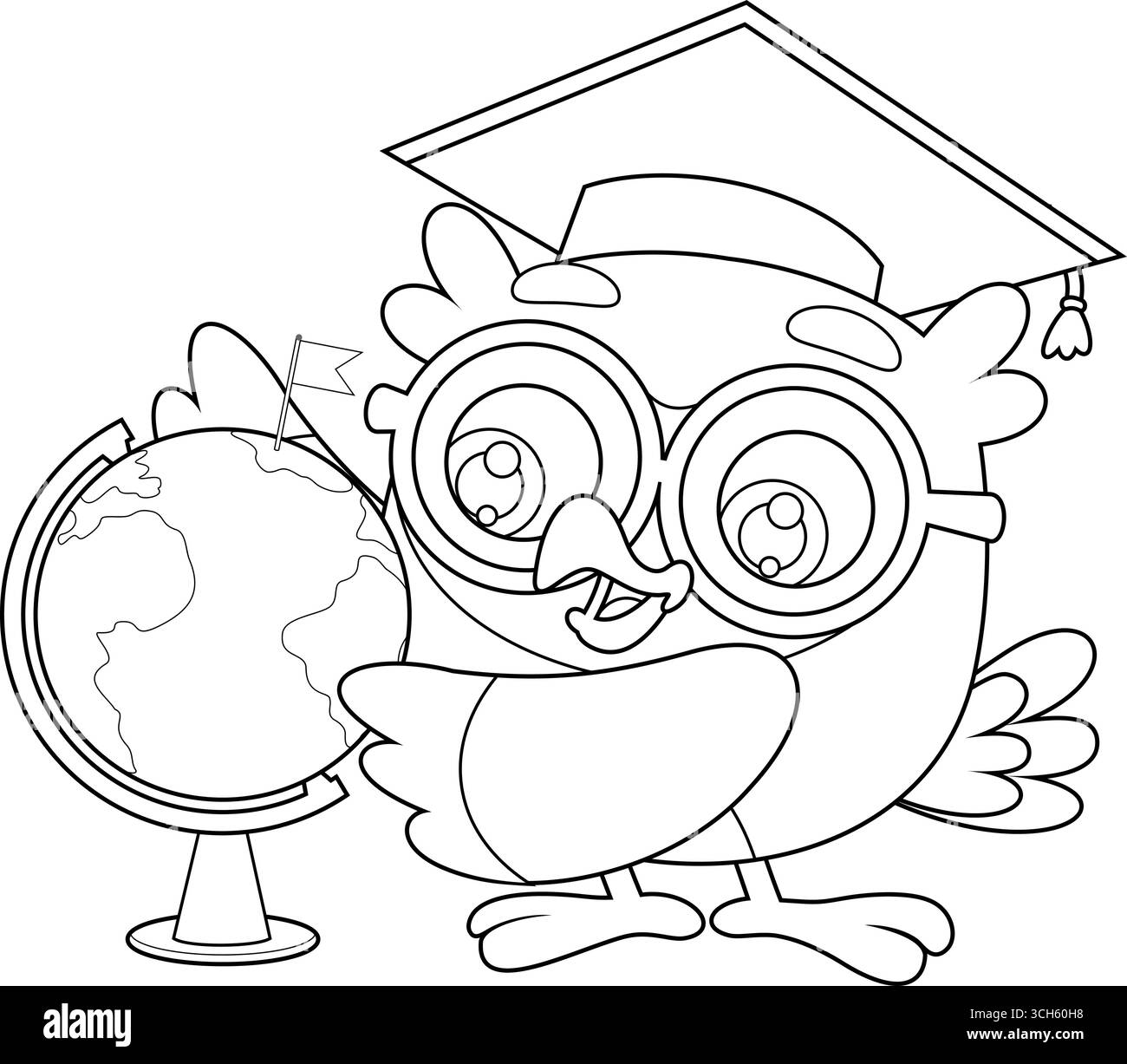 Cute Owl Teacher personnage de dessin animé pointant vers Globe et enseignant la géographie. Illustration dessinée à la main par vecteur noir et blanc Illustration de Vecteur