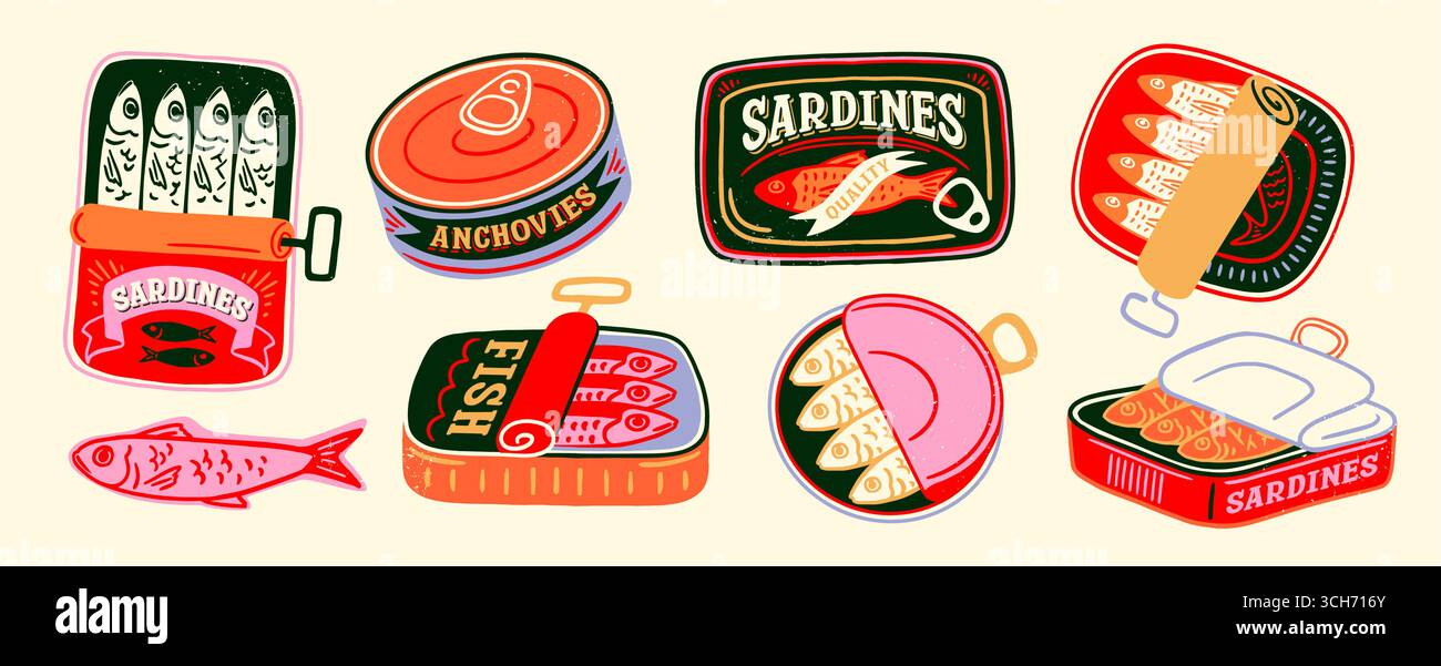 Ensemble de sardines en conserve. Autocollants rétro vintage avec des paquets de poisson frais, sprats et fruits de mer. Illustration funky pour t-shirt imprimé, affiche et couvertures. Plat Illustration de Vecteur