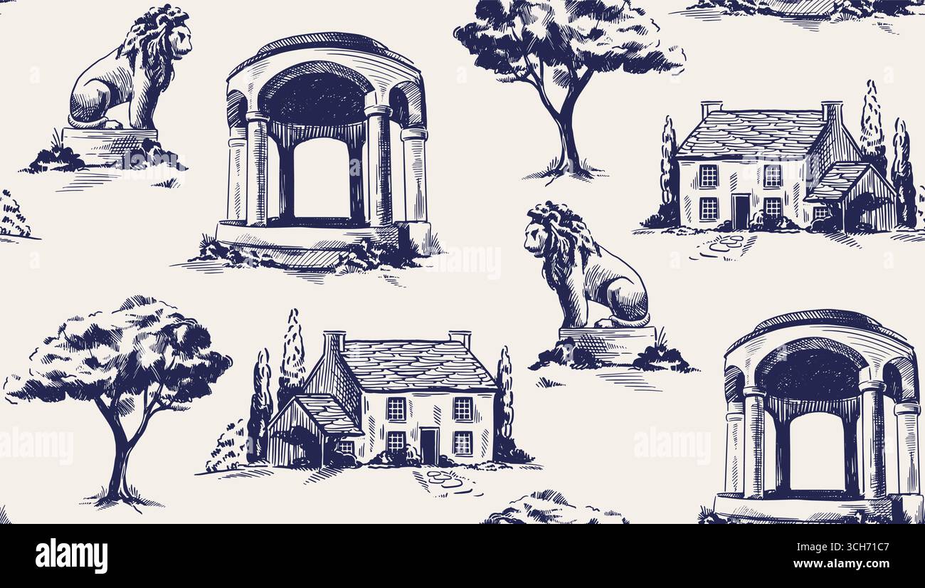 Vintage victorien Seamless Pattern. Ornement répété dans le style toile de jouy avec statue rétro, manoir et gazebo avec colonnes. Dessiné à la main Illustration de Vecteur