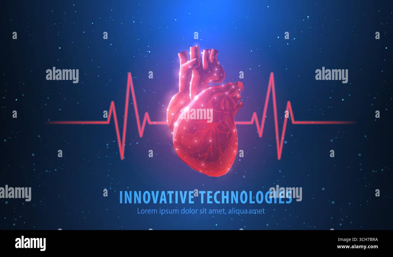 Cœur. Abstrait 3d vecteur coeur humain isolé sur bleu avec une ligne rouge d'impulsion cardio. Illustration de Vecteur