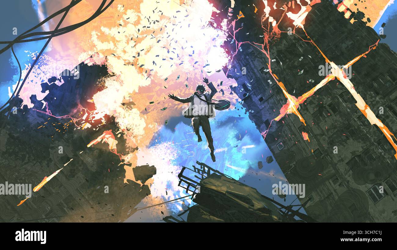 Un homme adapté tombe dans le ciel comme les gratte-ciel explosent autour de lui, dispersant des débris et des billets de banque volants, style d'art numérique, peinture d'illustration Banque D'Images