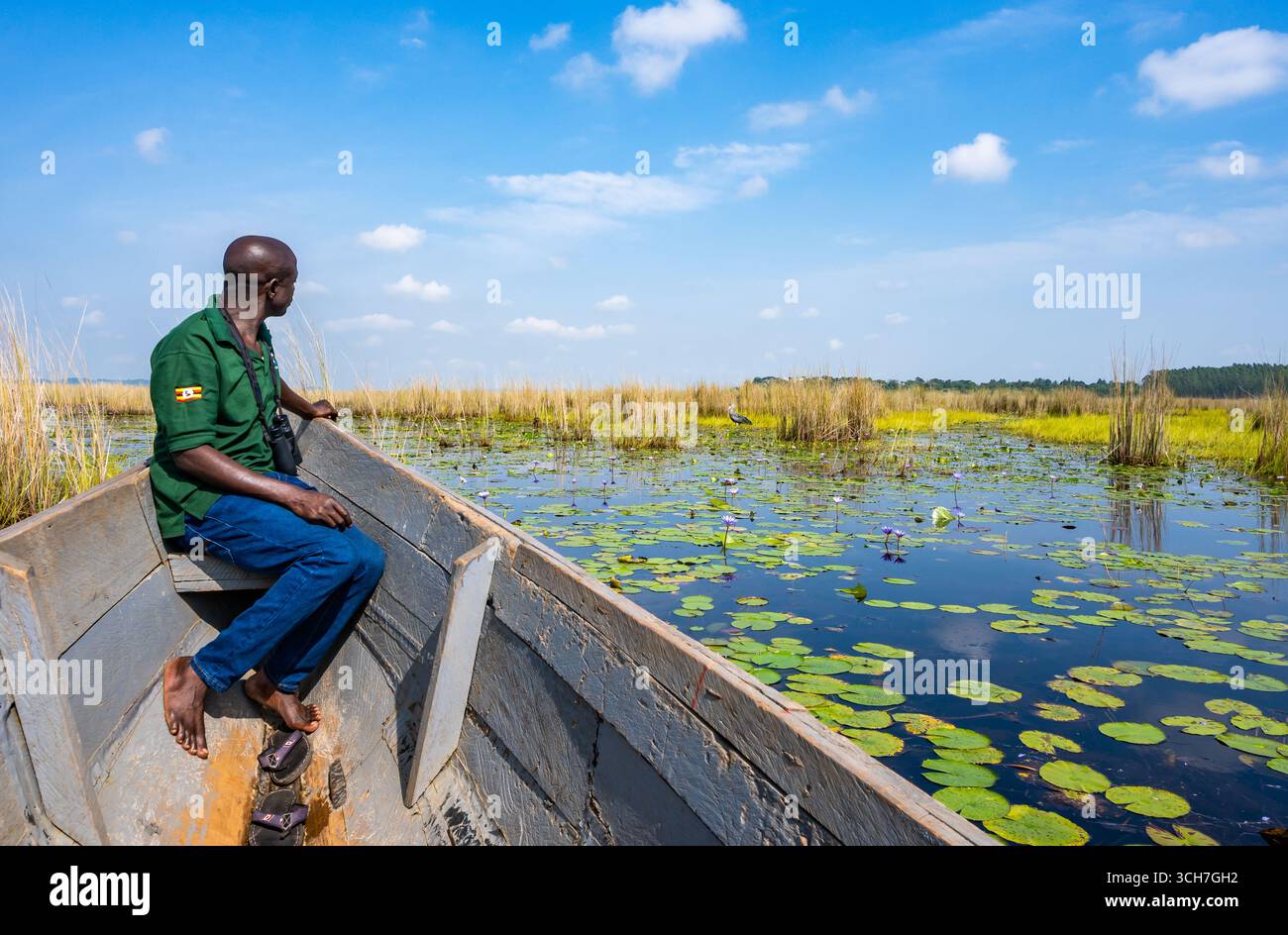 Un guide local assis sur la proue d'un bateau en bois lors d'une visite de la nature du lac Victoria. Ouganda, Afrique. Banque D'Images