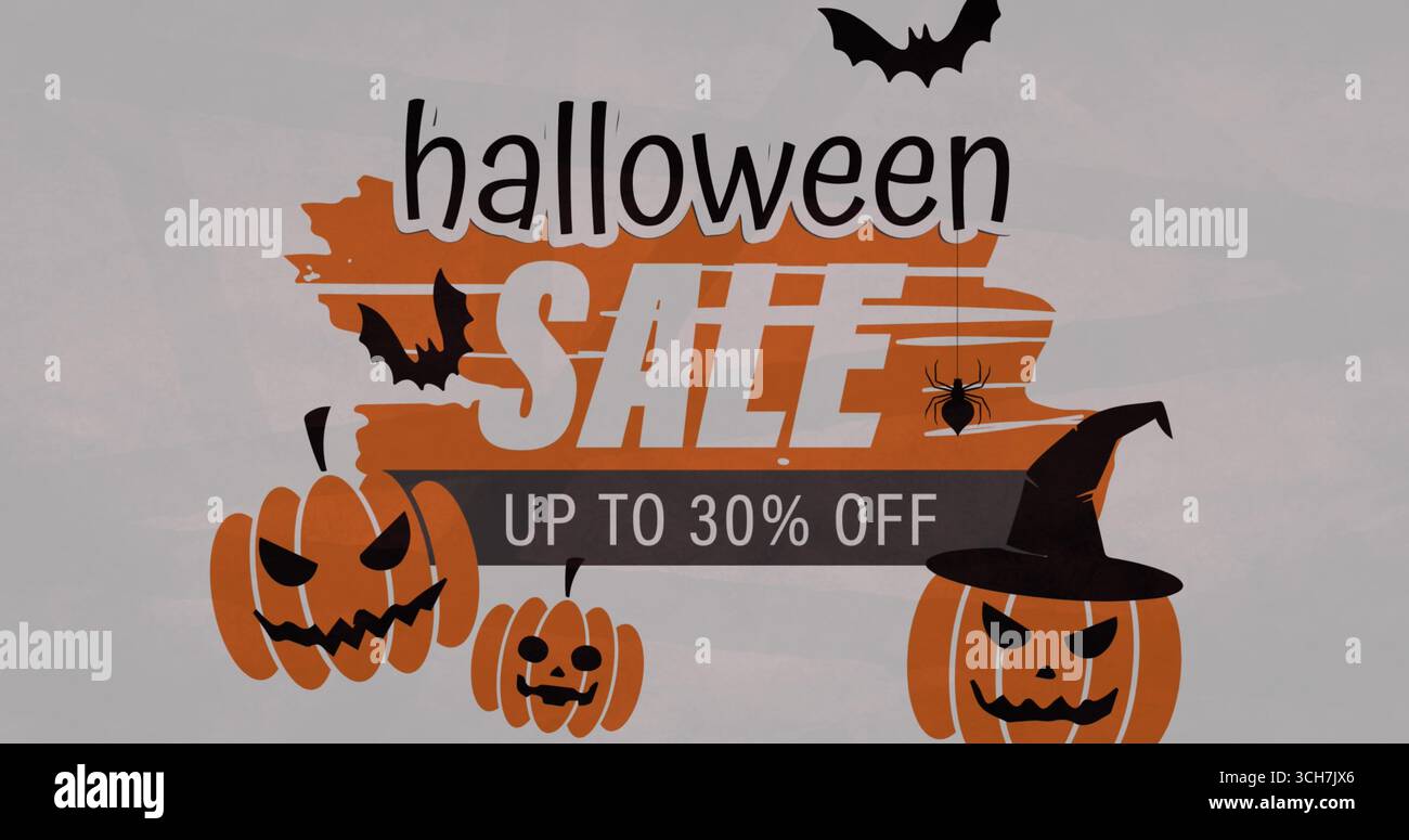 Bannière de texte de vente d'Halloween avec des icônes effrayantes de citrouille et de chauve-souris sur fond blanc Banque D'Images