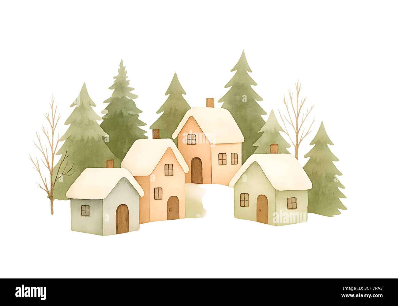 Jolie maison de Noël aquarelle avec illustration de toit enneigé Banque D'Images