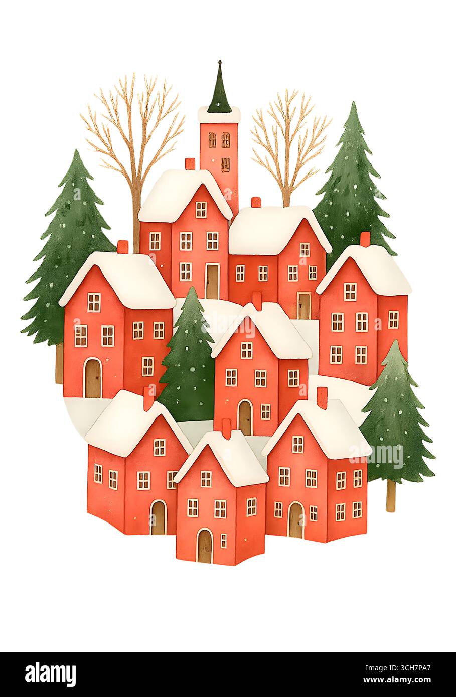 Jolie maison de Noël aquarelle avec illustration de toit enneigé Banque D'Images