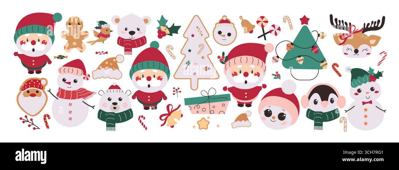 Ensemble de cliparts d'éléments de Noël. Éléments de Noël avec des personnages de Noël mignon et drôle plat icône clip art collection pour la célébration de décembre Illustration de Vecteur