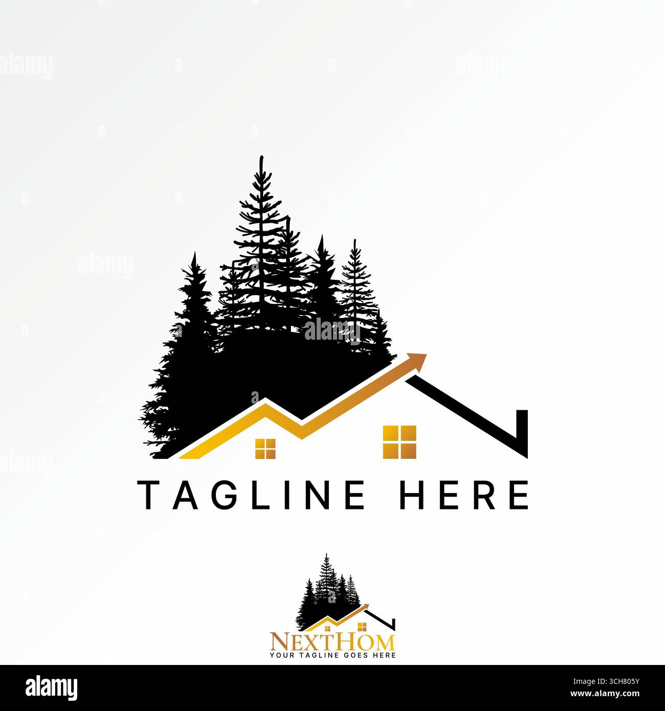 Conception de logo concept graphique créatif premium image stock vecteur haut de gamme vendre deux maisons de toit comme graphique de flèche avec des arbres derrière la propriété d'investissement Illustration de Vecteur
