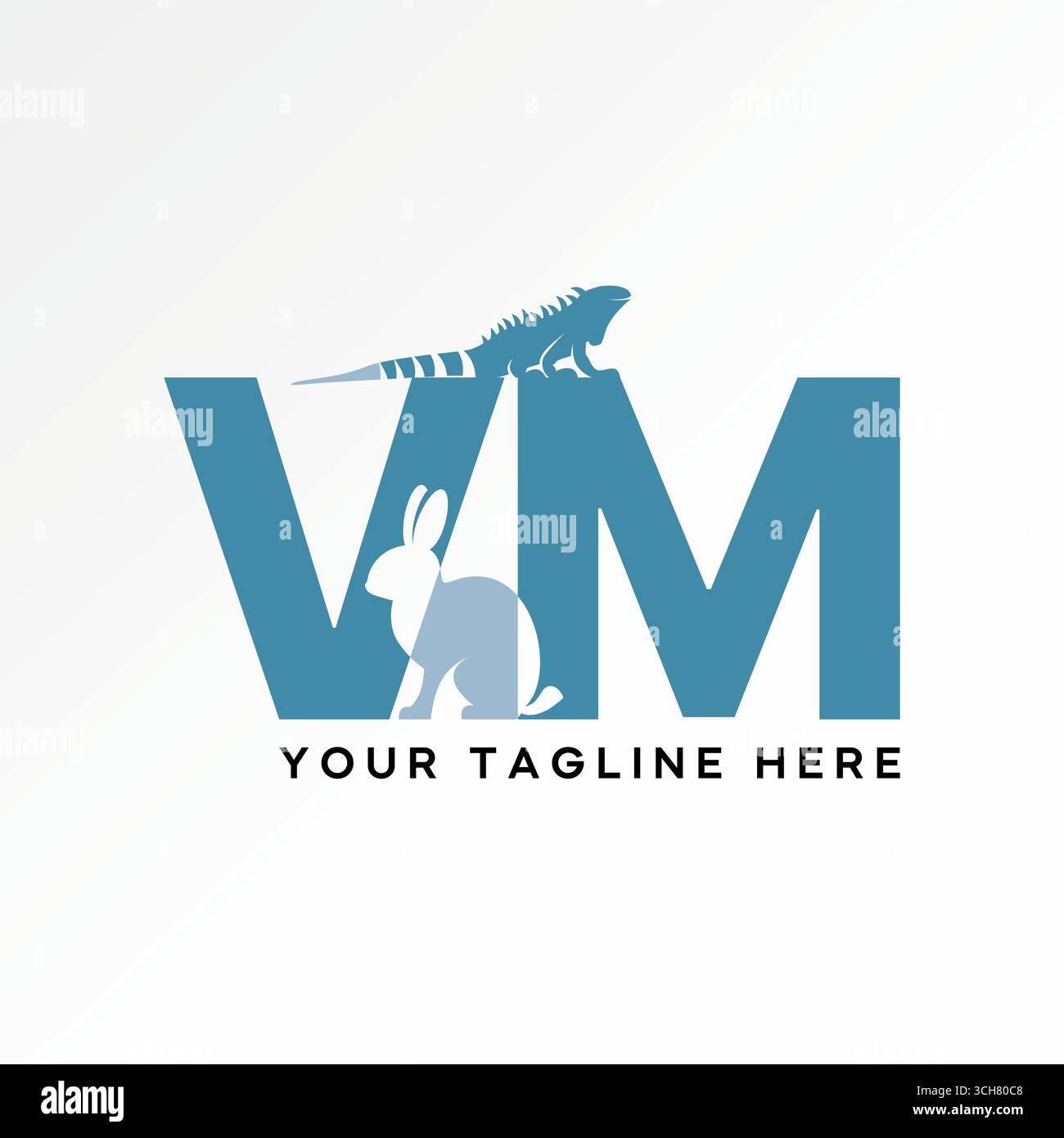 Conception de logo concept graphique créatif premium vecteur image stock top vendre lettre VM police avec lapins et iguanes côté lézard typographie d'espace négatif Illustration de Vecteur