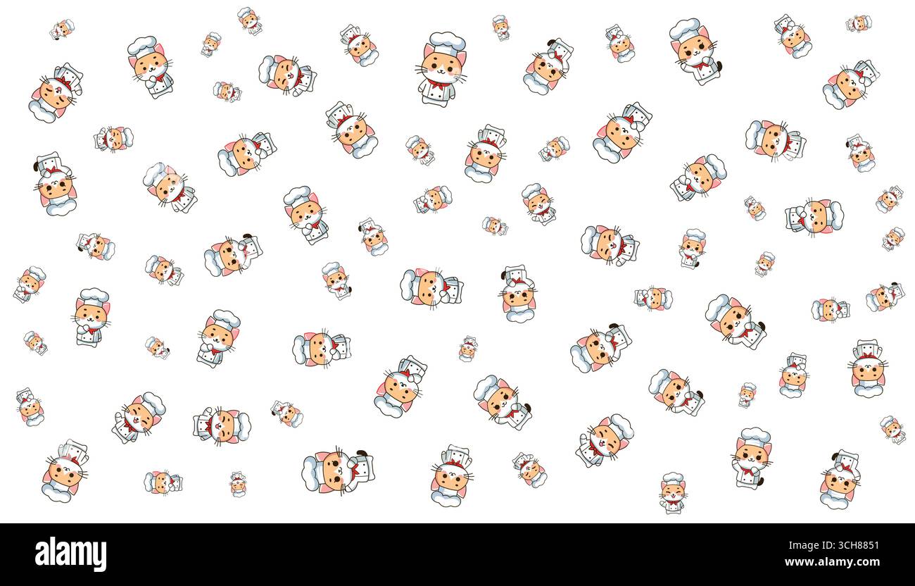 4 vecteurs Cute Chef Cat Cartoon Pattern Set en orange, rouge, noir, blanc et gris sur fond blanc Illustration de Vecteur