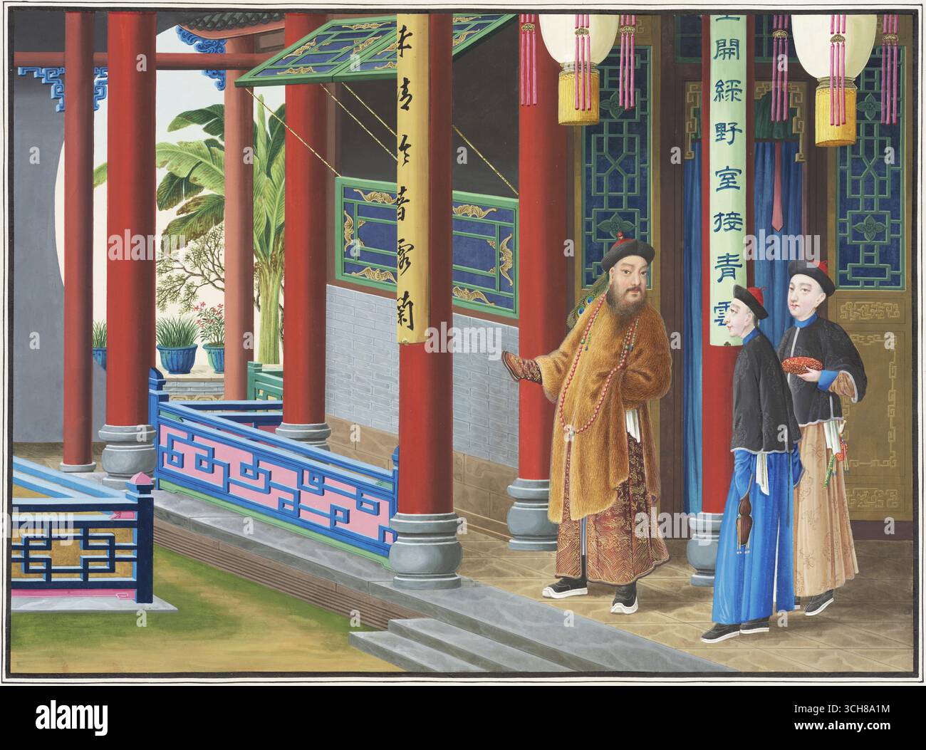 Noble de la dynastie Qing avec des accompagnants entrant dans le Red-Pillar Pavilion, Canton Export album Banque D'Images