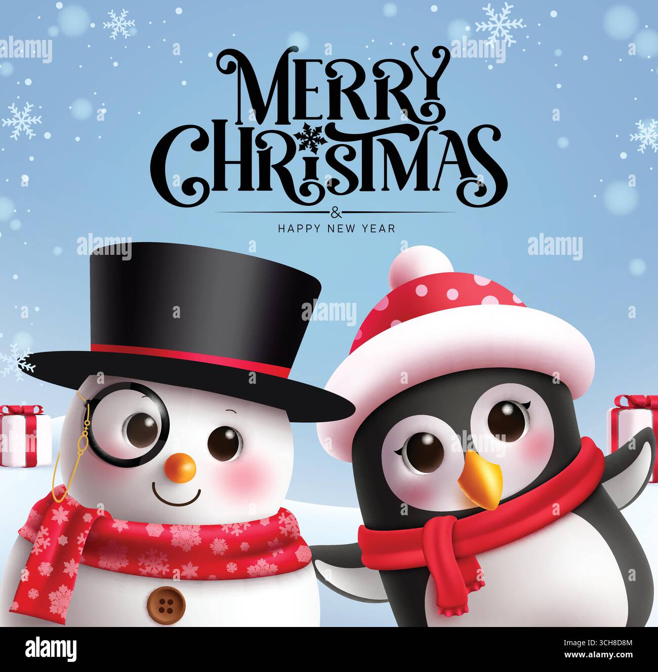 Joyeux Noël bonhomme de neige et pingouin carte de voeux clipart. Bonhomme de neige et pingouin personnages mignons clip art avec Joyeux Noël et bonne année Illustration de Vecteur