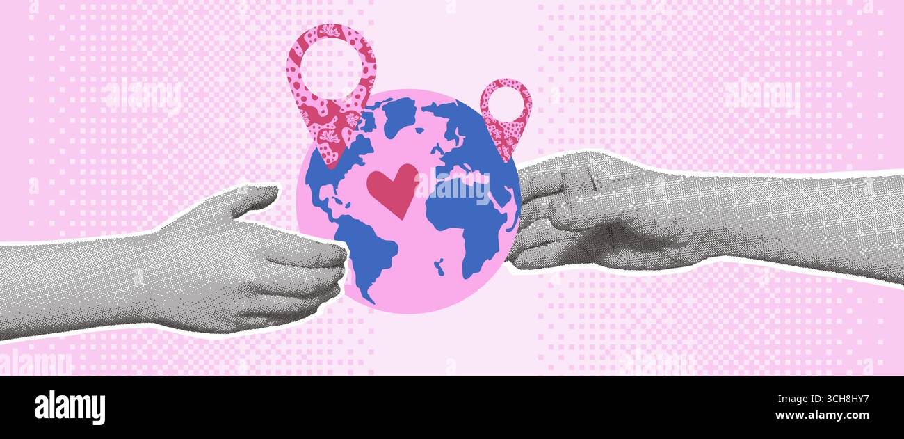 Collage de voyage avec deux mains demi-teintes tenant la planète Terre. Les bras humains maintiennent ensemble le globe avec des épingles de carte et le cœur. Album bitmap de tourisme vectoriel Illustration de Vecteur
