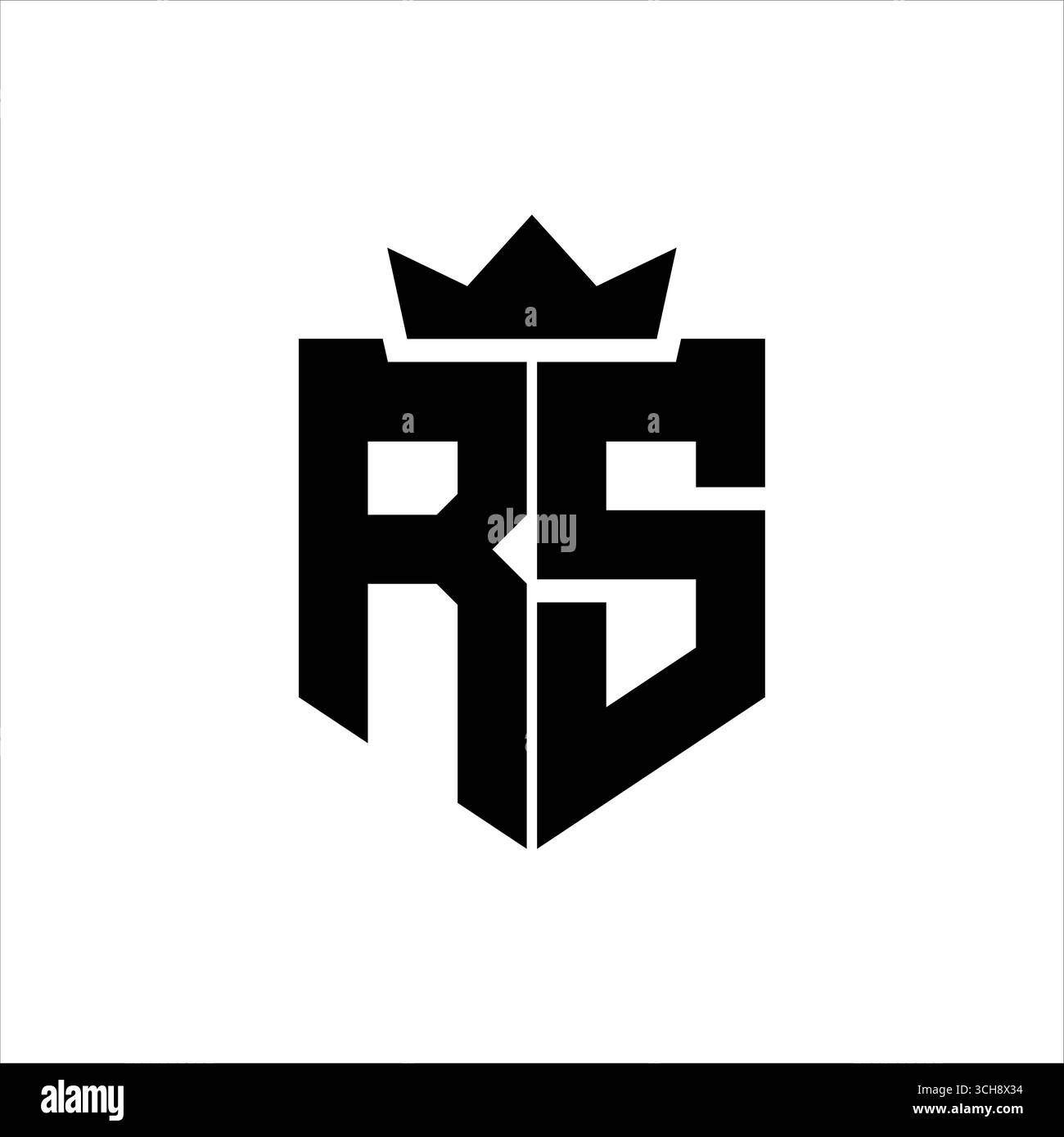Image vectorielle logo RS d'un bouclier avec un style géométrique pointu avec une couronne pointue et une police épaisse Illustration de Vecteur
