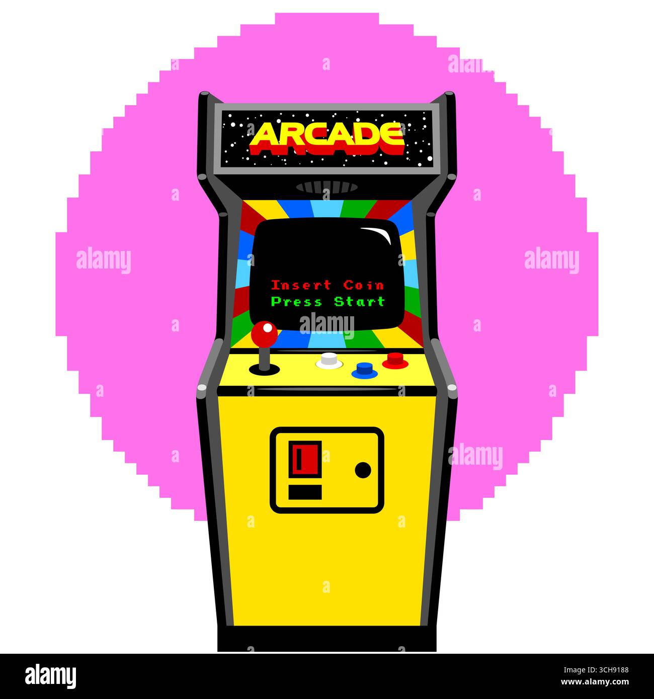 Armoire de jeu d'arcade rétro illustration colorée, conception avec joystick, boutons, accepteur de pièce de monnaie et message 'insert coin' 'Press START' Illustration de Vecteur