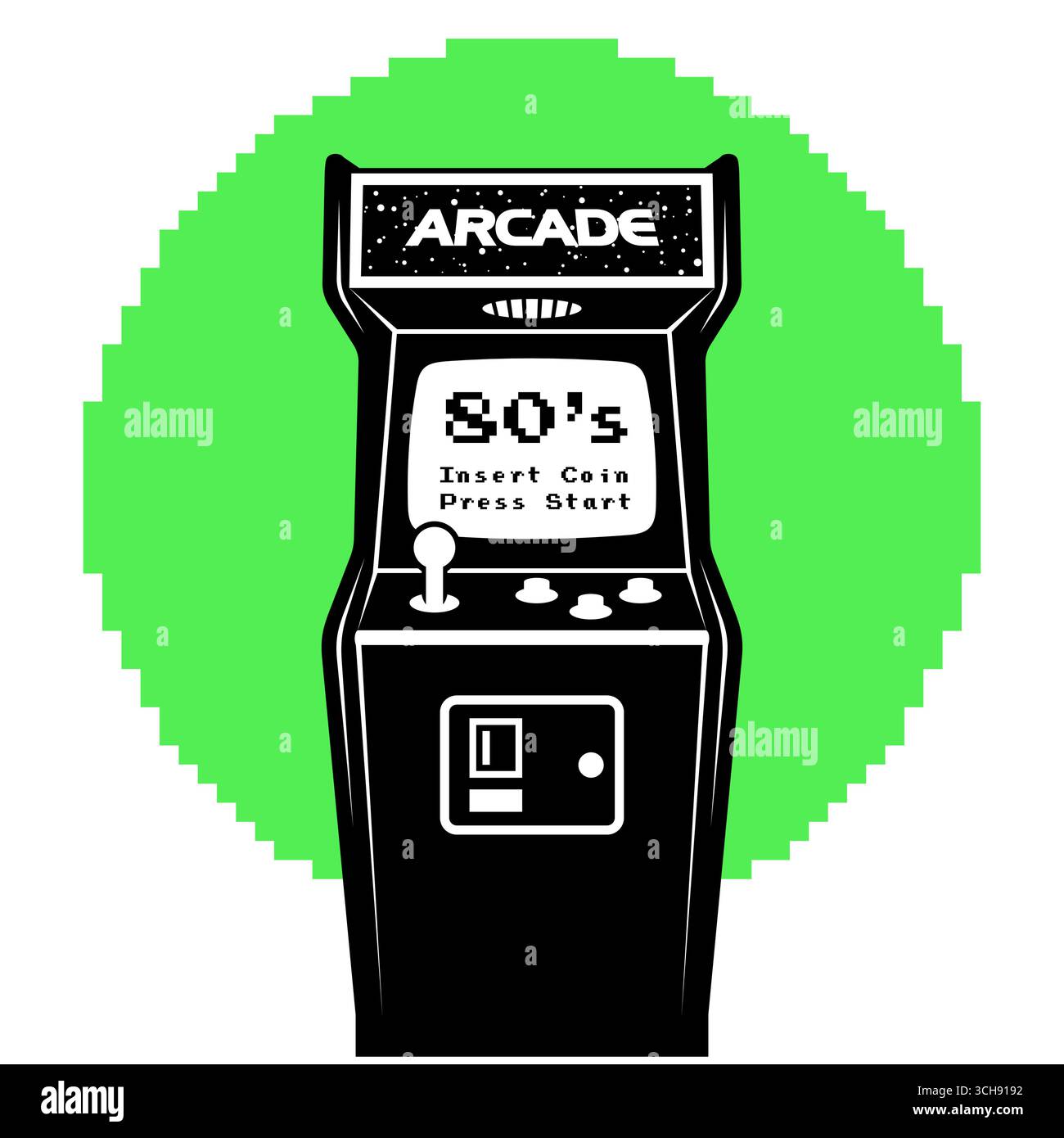 Armoire de jeu d'arcade rétro illustration monochrome, conception avec joystick, boutons, accepteur de pièces de monnaie et messages 'insert coin' 'Press START' Illustration de Vecteur