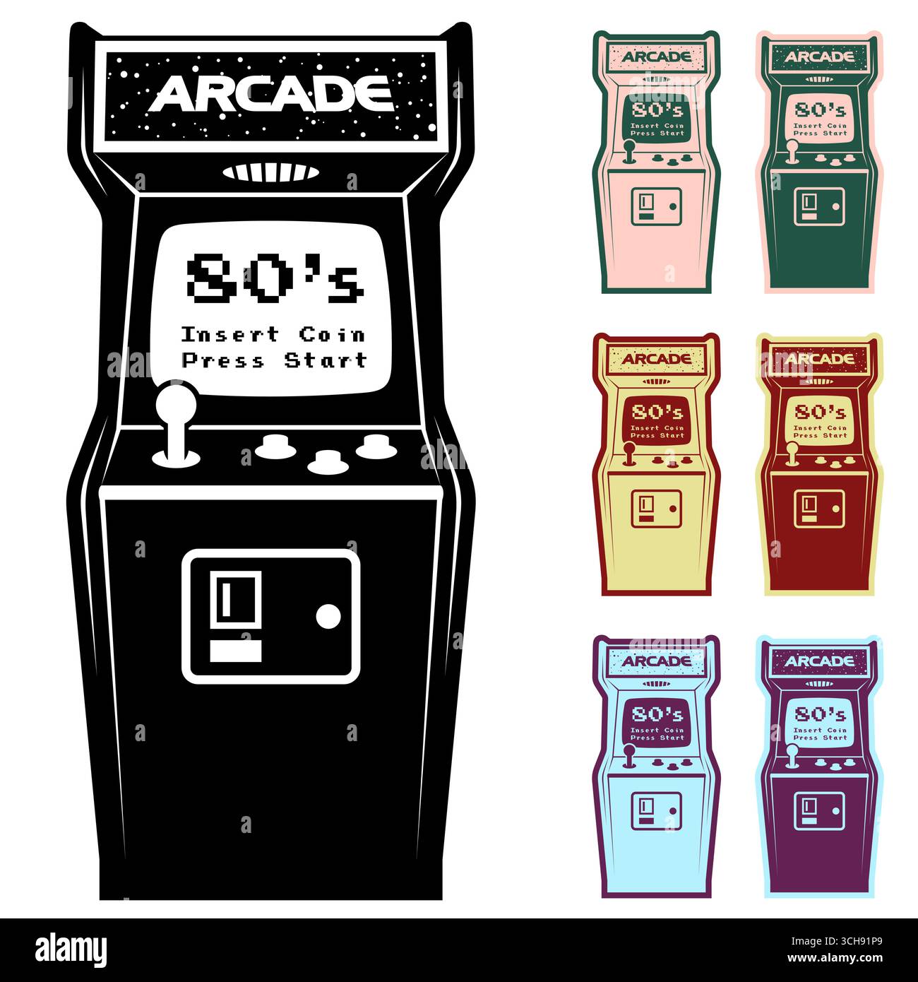 Armoire de jeu d'arcade rétro illustration monochrome, conception avec joystick, boutons, accepteur de pièces de monnaie et messages 'insert coin' 'Press START' Illustration de Vecteur