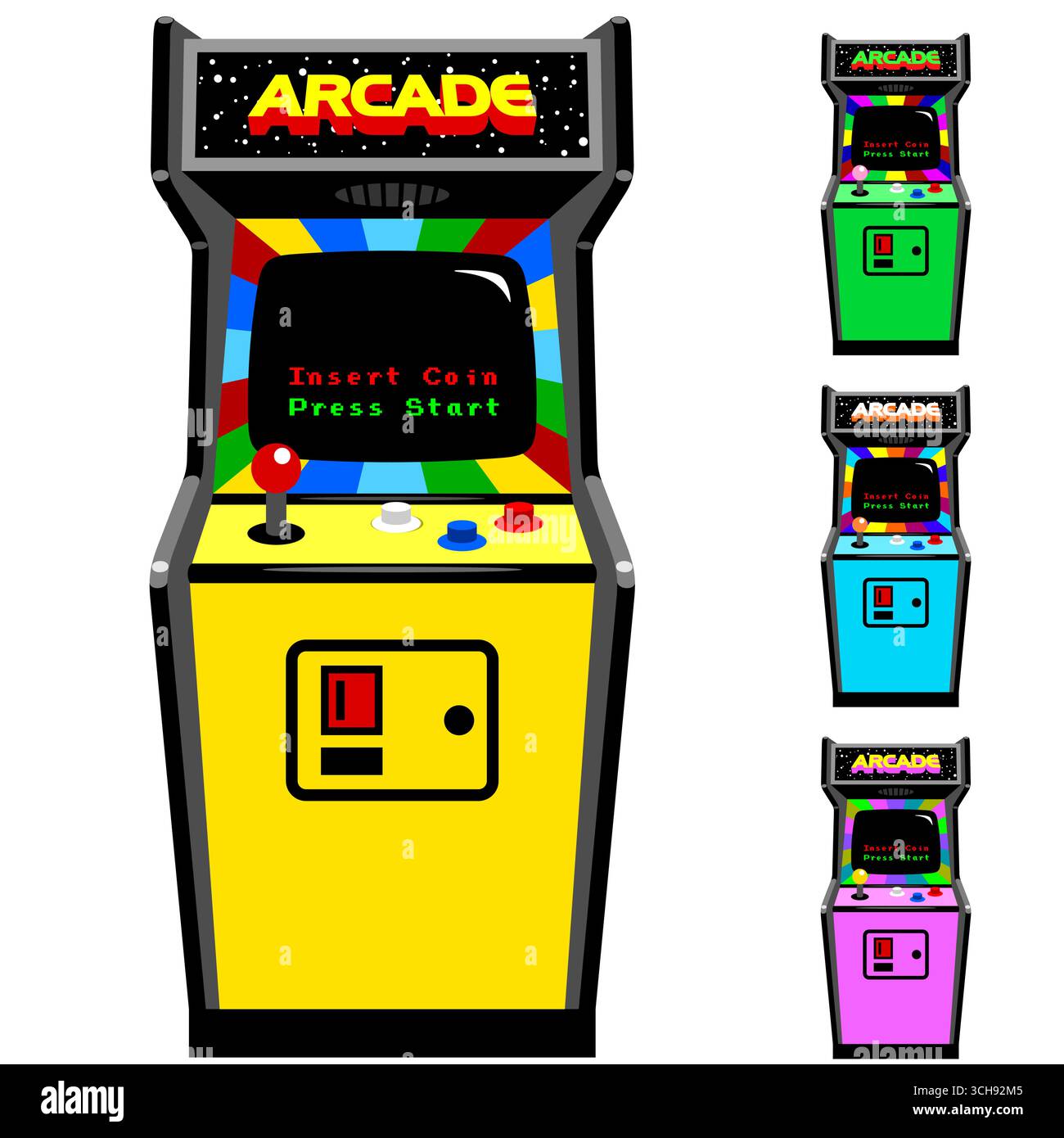 Armoire de jeu d'arcade rétro illustration colorée, conception avec joystick, boutons, accepteur de pièce de monnaie et message 'insert coin' 'Press START' Illustration de Vecteur