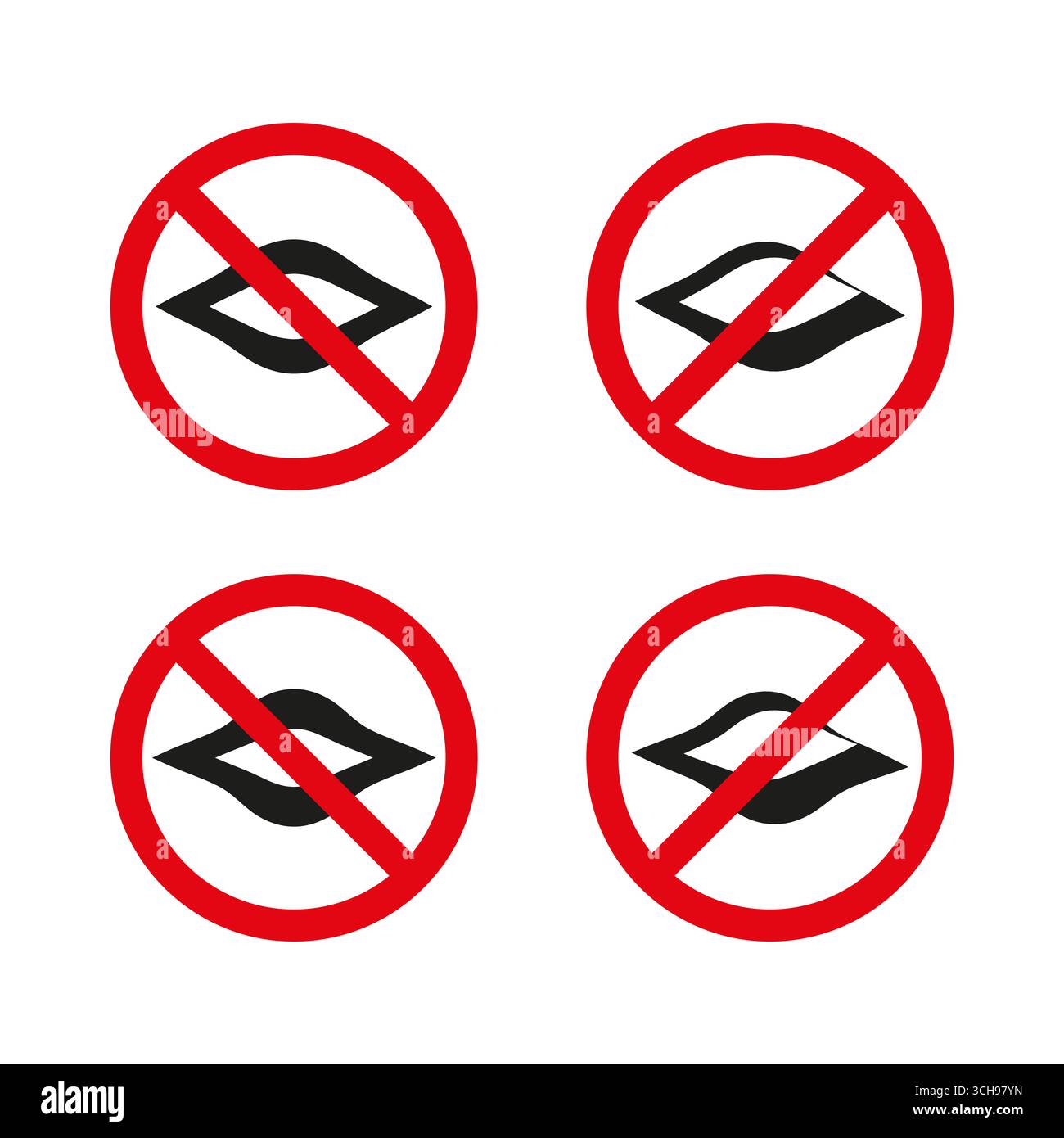 Pas de signe de baisers. Symbole lèvres interdites. Icône d'interdiction de vecteur. Cercle rouge d'avertissement. Illustration de Vecteur