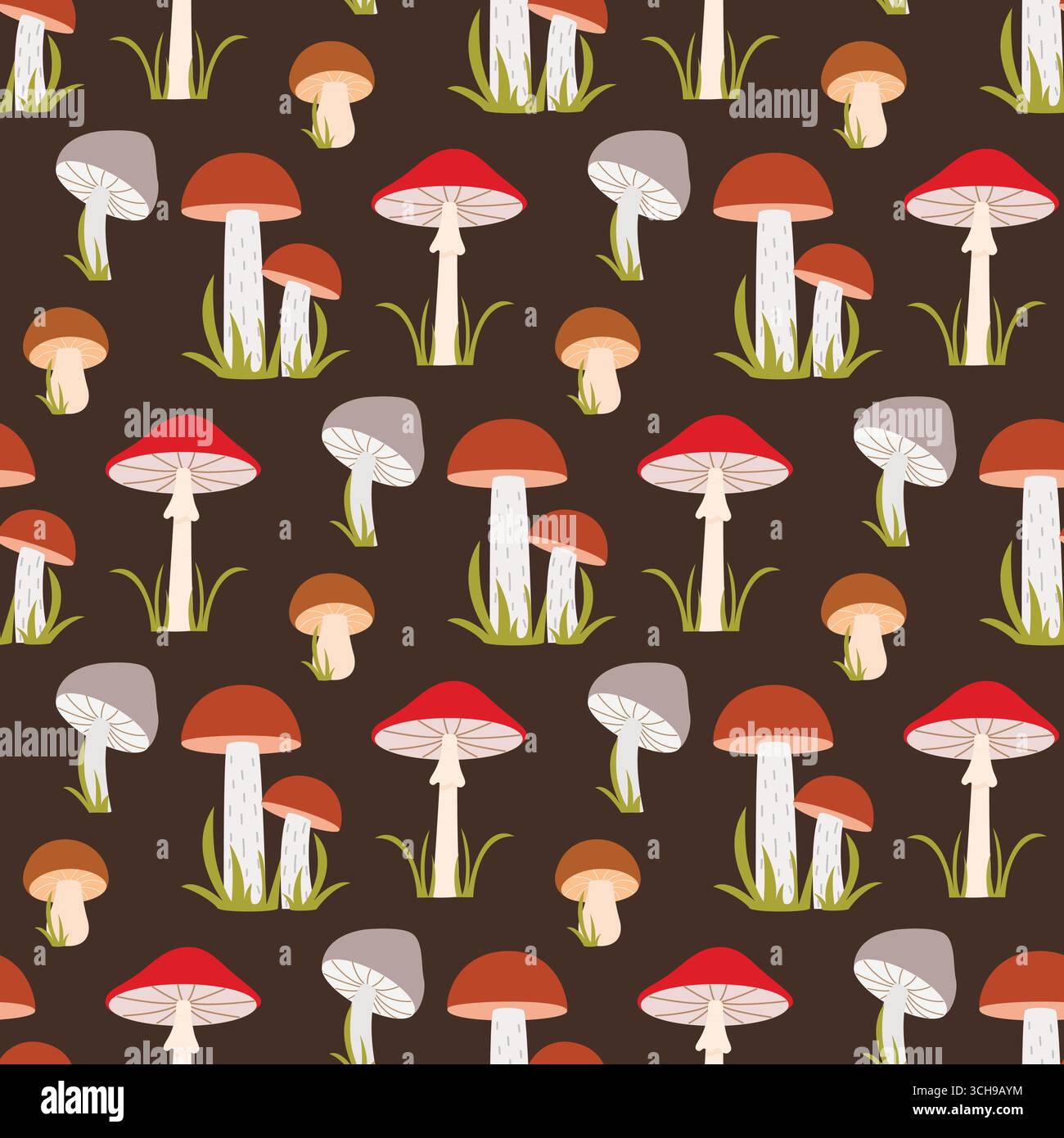 Modèle sans couture de forêt d'automne de champignons. Fond sombre avec différents champignons dans l'herbe. Imprimé de saison d'automne pour textile, emballage, design Illustration de Vecteur
