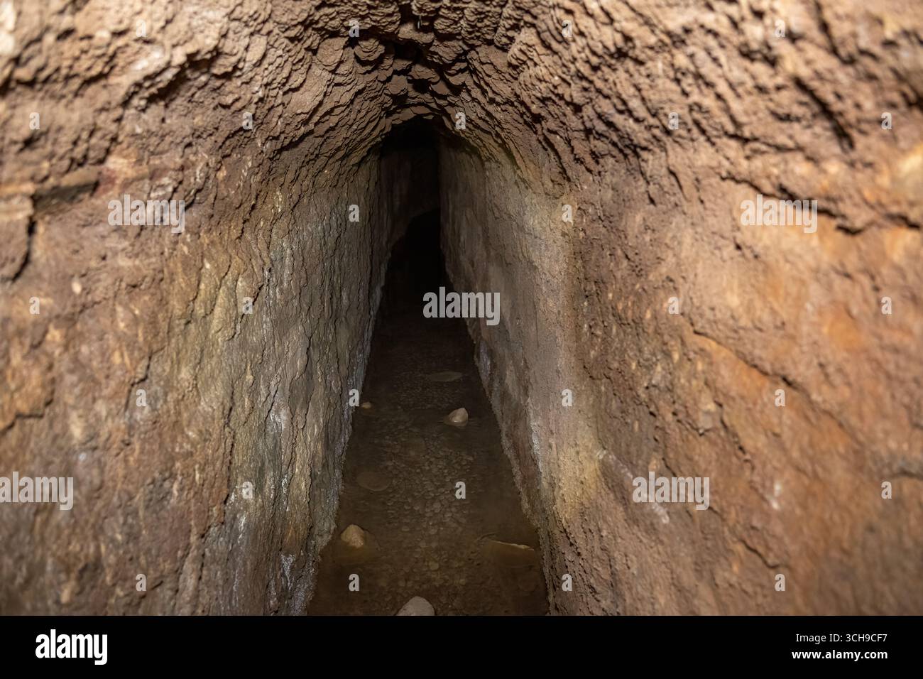 Un étroit tunnel souterrain d'un aqueduc romain à Mérida, en Espagne, avec des murs de pierre rugueuse et un sol humide, menant à l'obscurité Banque D'Images