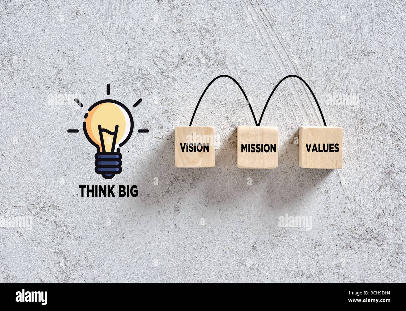 Vision, mission et valeurs concept d'entreprise avec ampoule et blocs de bois reliés par une ligne sur fond de béton Banque D'Images