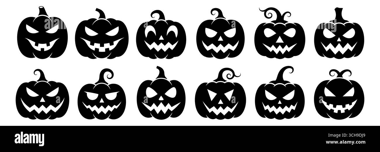 Ensemble de silhouettes noires de citrouilles pour Halloween, sur fond blanc. Illustration de Vecteur