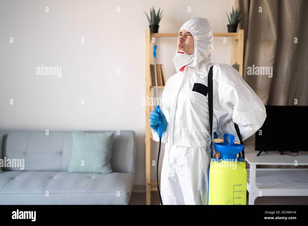 Rhumatismes, douleurs et problèmes de santé. Exterminateur féminin du service de lutte antiparasitaire travaillant à l'intérieur de la maison avec flacon pulvérisateur souffrant de maux de dos Banque D'Images