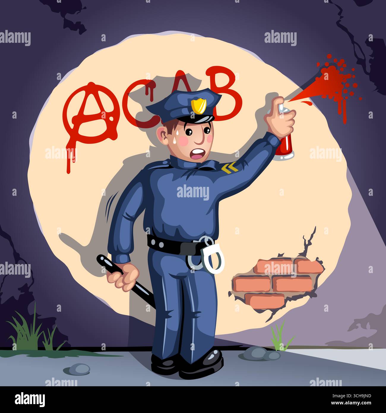 Le policier a attrapé en train de dessiner un graffiti. Illustration de Vecteur
