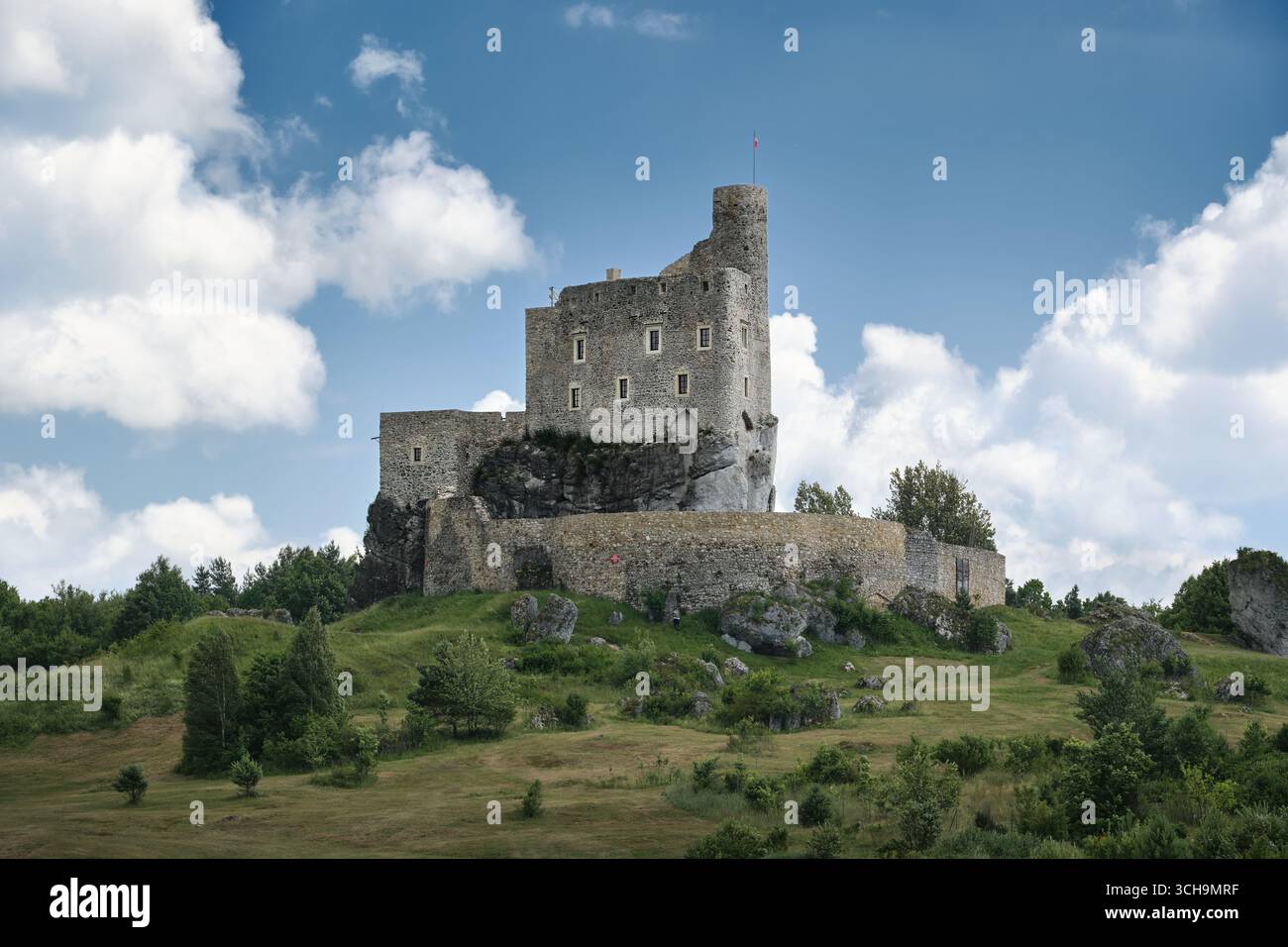 Mirow, Pologne - juin 29 2025 : Château Mirow forteresse médiévale en pierre sur les hautes terres de Cracovie-Czestochowa, ruines historiques et attraction touristique. Banque D'Images