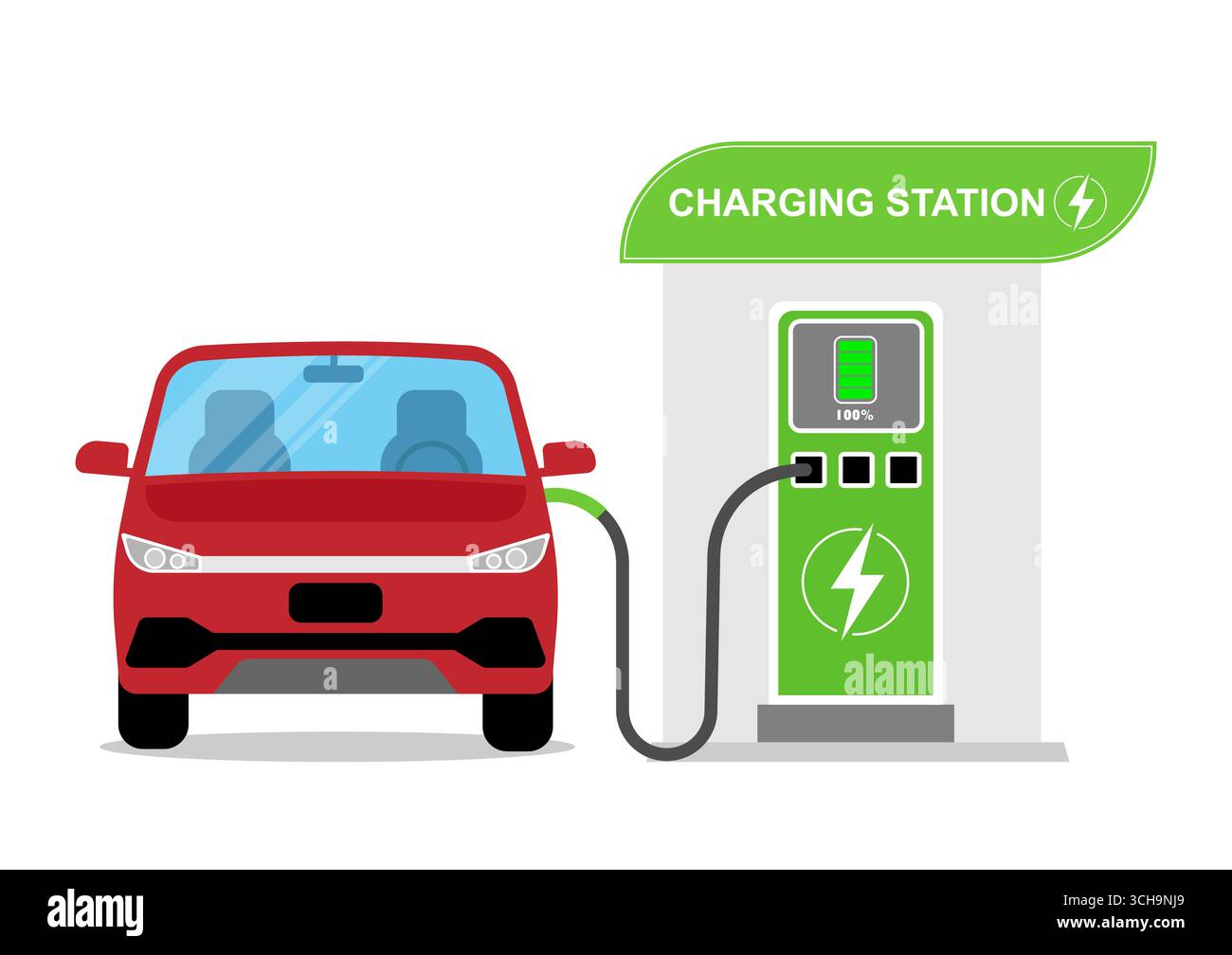 Recharge de voiture électrique à la borne de recharge de la ville. Illustration vectorielle. Illustration de Vecteur