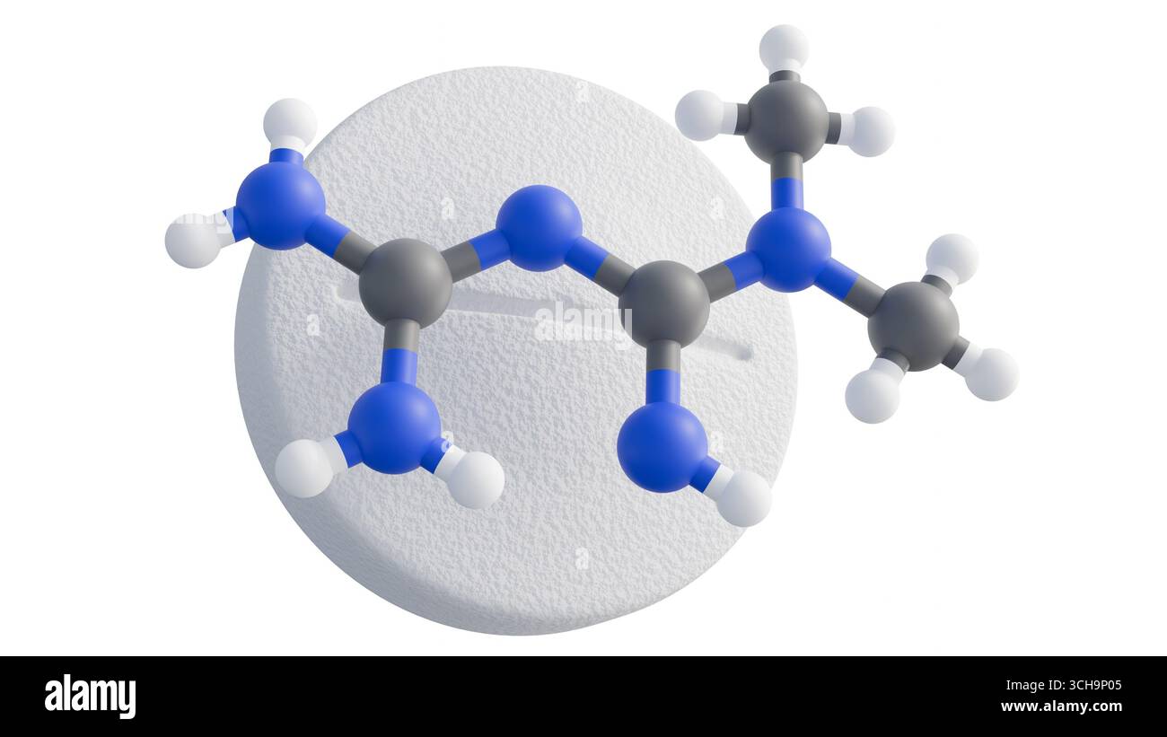Un rendu 3d de metformine, forme physique comme pilules et sa structure moléculaire. Son aspect macroscopique comme médicament. Banque D'Images