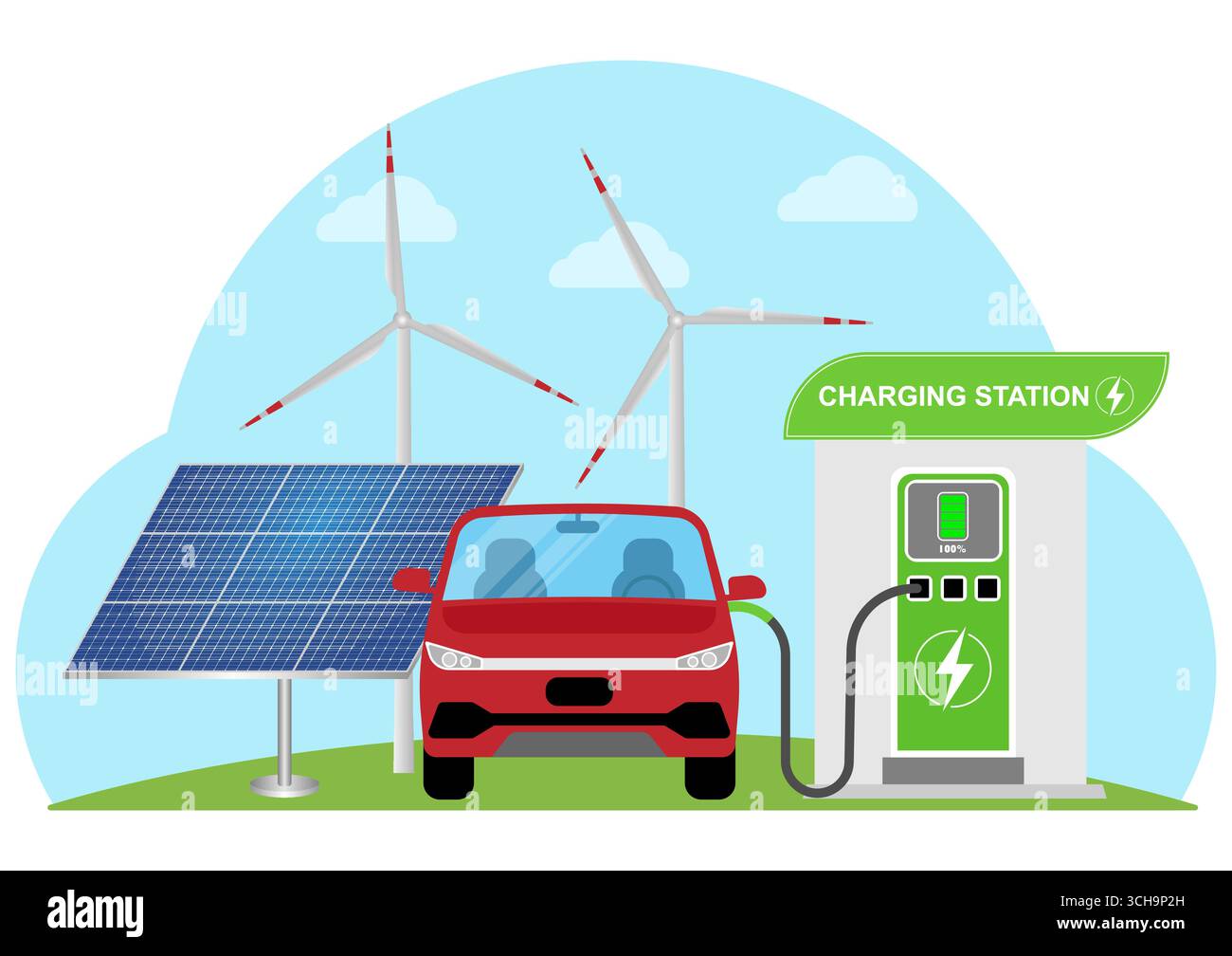 Recharge de voiture électrique à la station de recharge dans la ville verte avec des éoliennes et des panneaux solaires. Énergie durable pour l'environnement. Illustration de Vecteur