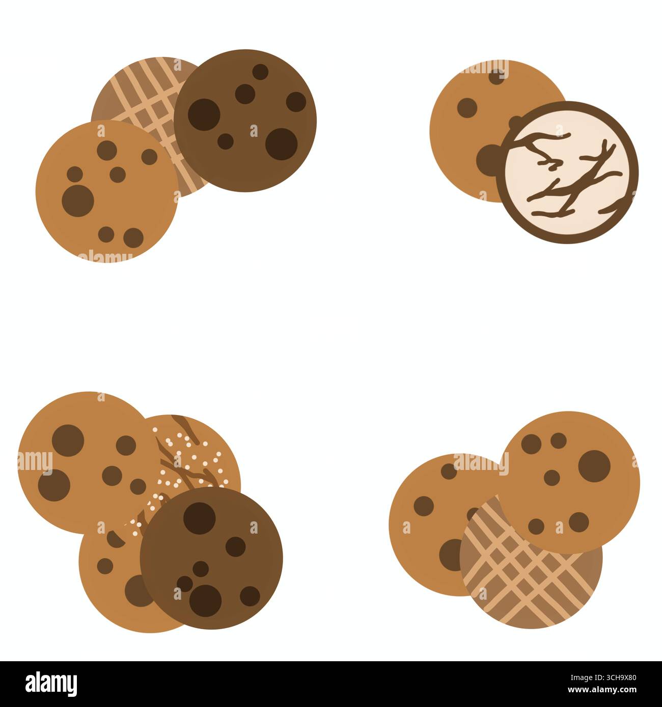 Un joli dessin animé plat illustration de biscuits faits maison, y compris des pépites de chocolat et des biscuits. icônes de dessert sucré, éléments de cuisson et concept de cartes d'illustrations de collation Banque D'Images