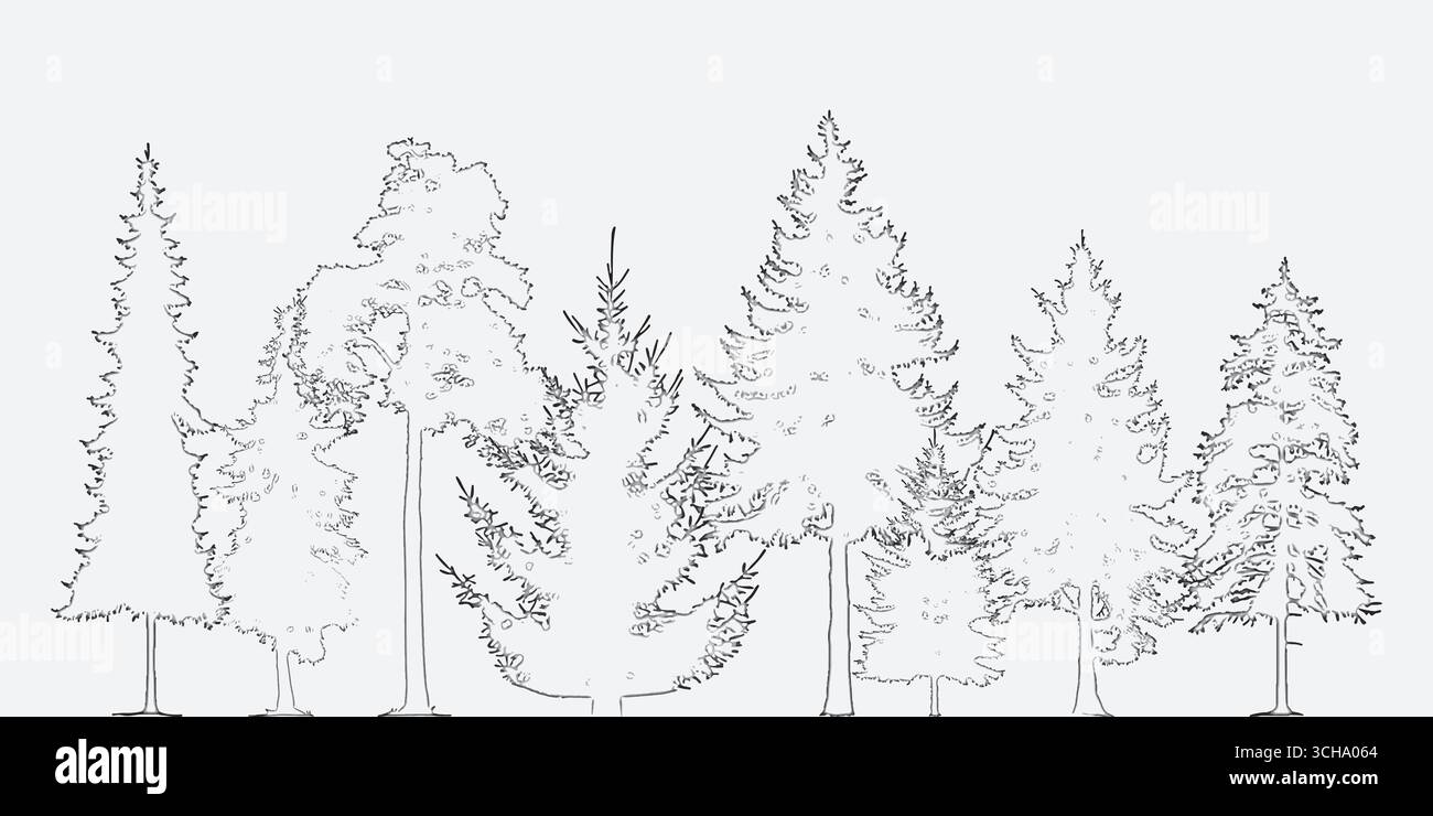 Dessins architecturaux, un dessin de ligne d'arbre CAO dans un style minimaliste, vue de côté, ensemble de section de contour de forêt humide pour le dessin de conception de paysage Illustration de Vecteur