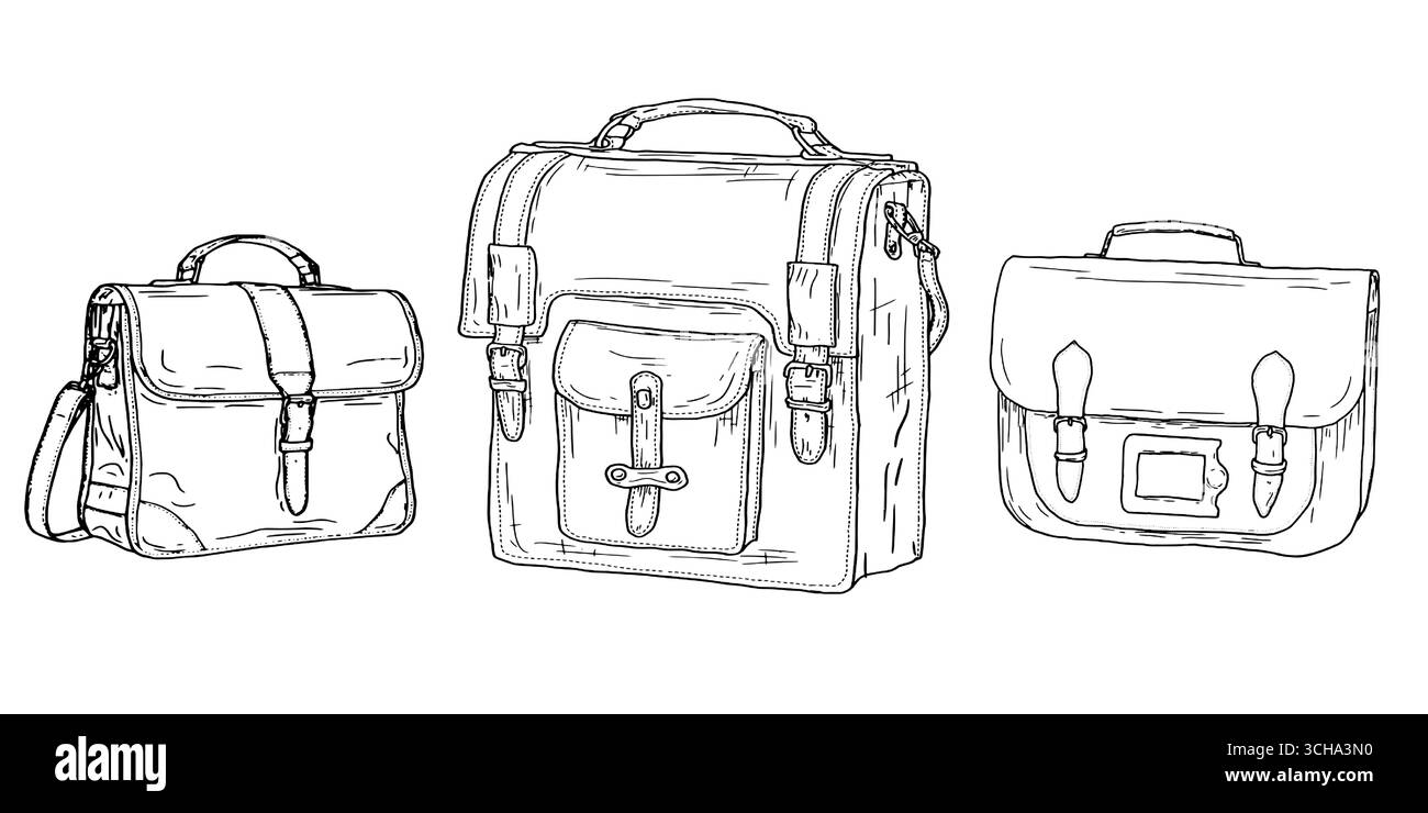 Sac portefeuille homme en cuir avec fermoirs, croquis noir et blanc. Illustration vectorielle. Un ensemble de silhouettes est isolé sur un fond blanc. Valis des hommes Illustration de Vecteur