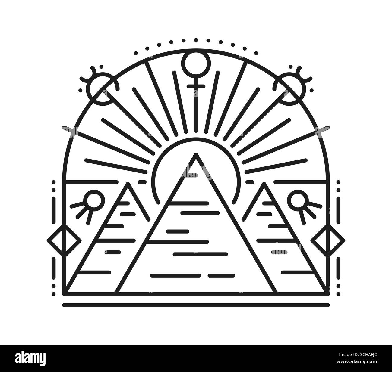 Pyramides égyptiennes du plateau de Gizeh tatouage ou impression de ligne ésotérique. Tatouage vectoriel linéaire boho de culture égyptienne, impression de tarot d'histoire égyptienne. Afrique mythologie symbole ésotérique avec trois pyramides et le soleil Illustration de Vecteur Pyramides égyptiennes du plateau de Gizeh tatouage ou impression de ligne ésotérique. Tatouage vectoriel linéaire boho de culture égyptienne, impression de tarot d'histoire égyptienne. Afrique mythologie symbole ésotérique avec trois pyramides et le soleil Illustration de Vecteur