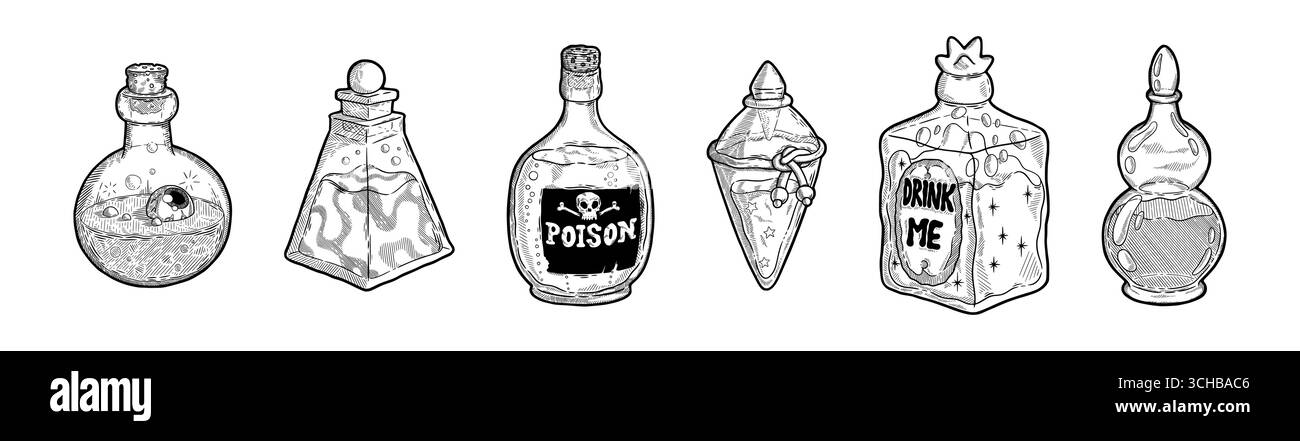 Bouteille de potion. Empoisonner le tatouage vintage, l'art et l'amour fiole magique. Boisson en verre alchimiste dessinée à la main, symboles de style d'esquisse d'alchimie. Élixir d'amour magique. Fée phial de forme différente. Ensemble isolé de vecteur Illustration de Vecteur