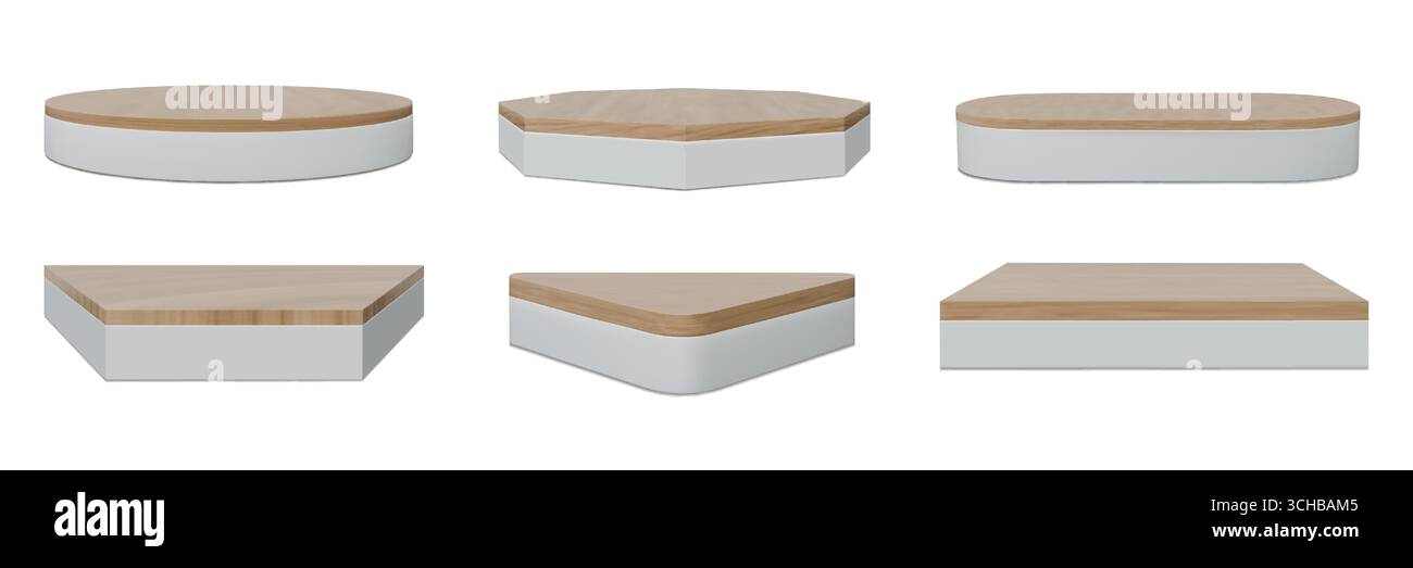 Podium en bois. Piédestal en bois, plate-forme ou socle, support de produit. plancher 3d, plaque carrée blanche. Vitrine minimale pour exposition et présentation de produit, exposition de studio. Maquette isolée par vecteur Illustration de Vecteur