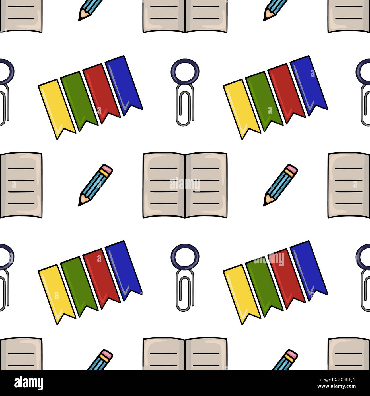 Modèle vectoriel sans couture avec des articles de papeterie joyeux comme des crayons, des cahiers, des trombones et des signets colorés, idéal pour l'éducation ou le bac Illustration de Vecteur