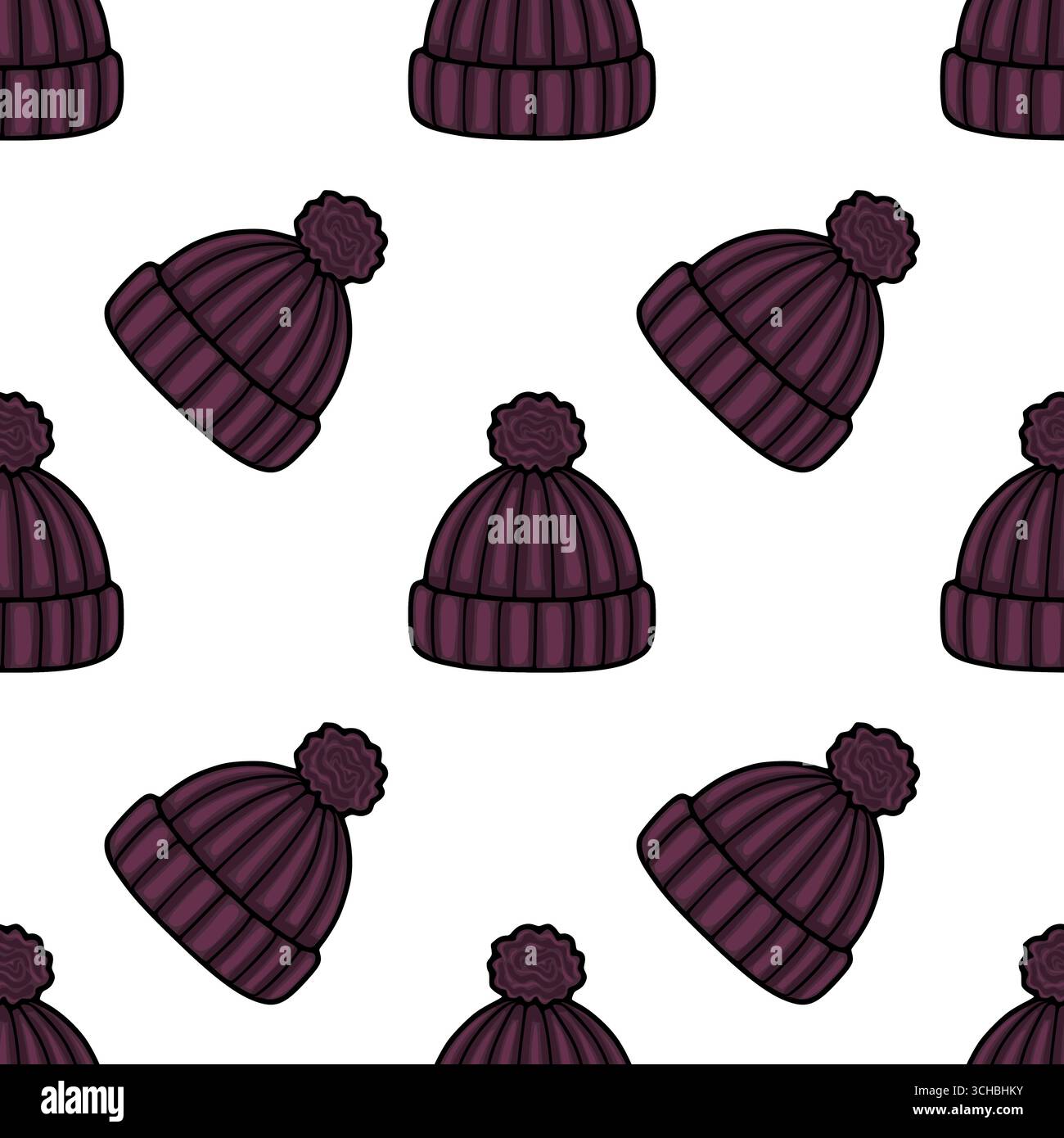 Modèle vectoriel sans couture de chapeaux d'hiver tricotés marron élégants avec pompons, disposés dans une composition dispersée et dynamique contre un dos blanc propre Illustration de Vecteur