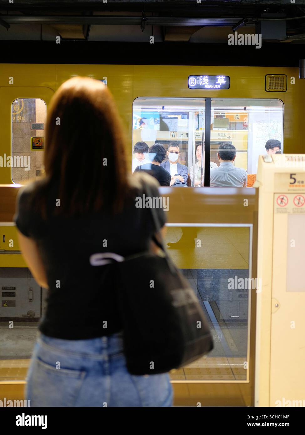 Passagers assis dans une voiture de métro à Asakusa à la station Ueno (G-16) de la ligne Ginza du métro de Tokyo ; Tokyo, Japon ; usagers et usagers du métro. Banque D'Images